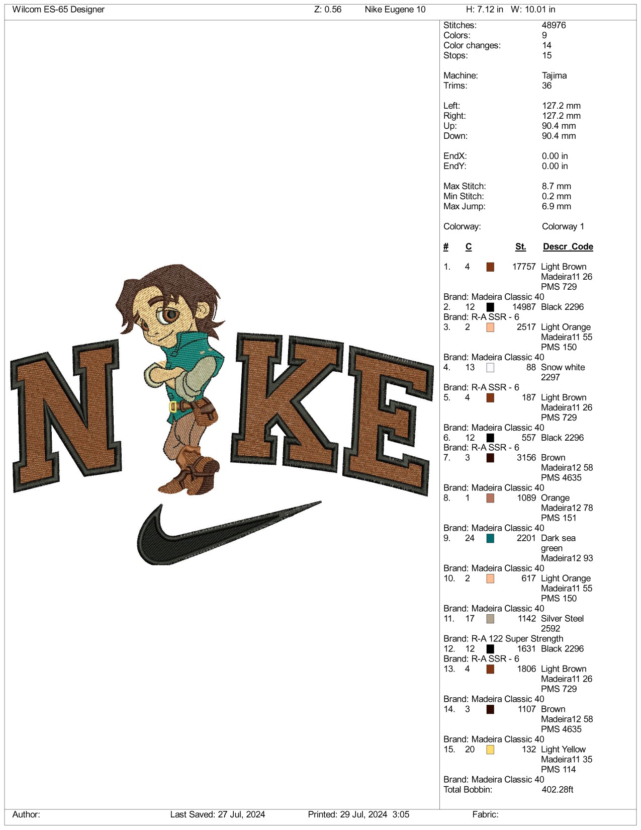 Nike Chibi Flynn Rider Embroidery Design Files - 3 Size's