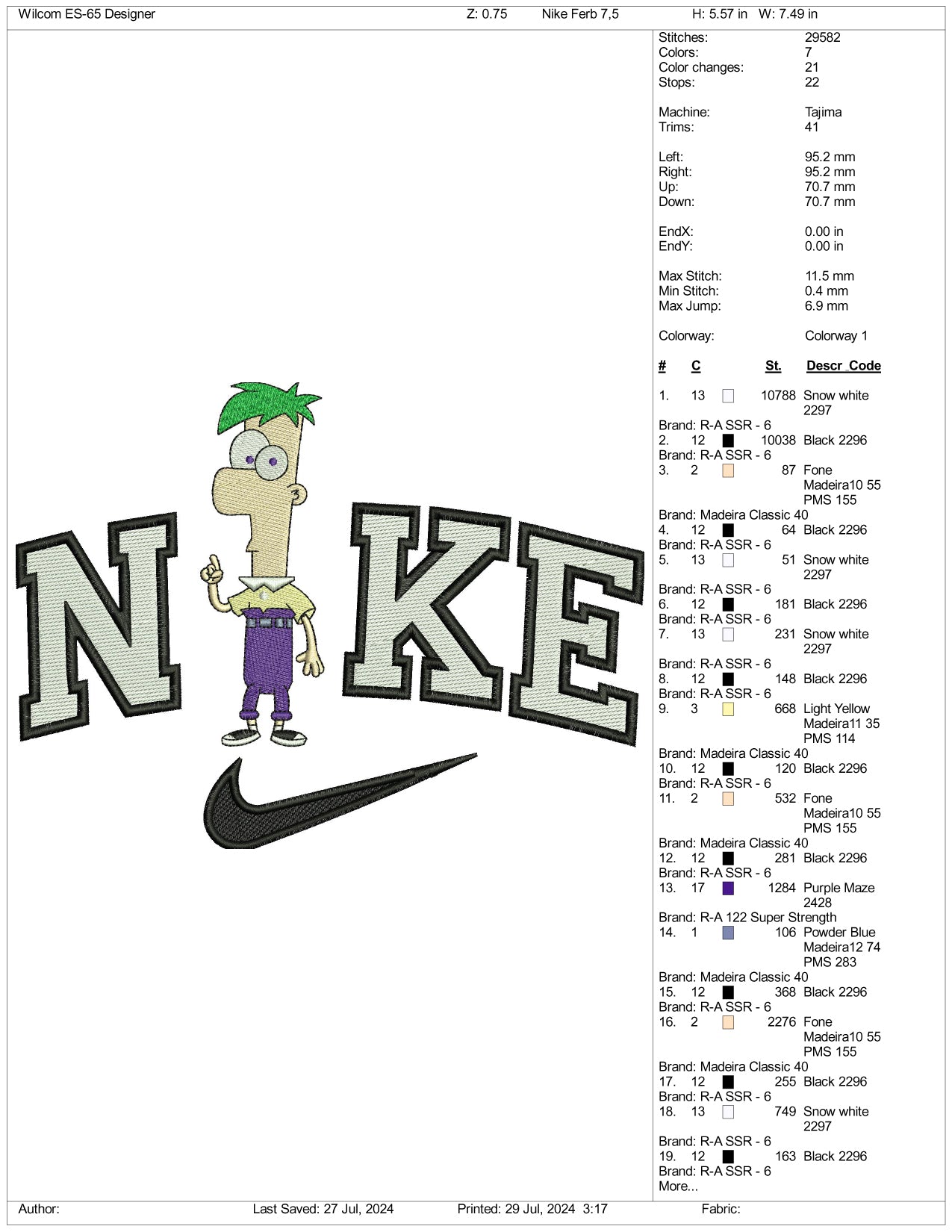 Nike Ferb Fletcher Embroidery Design Files - 3 Size's