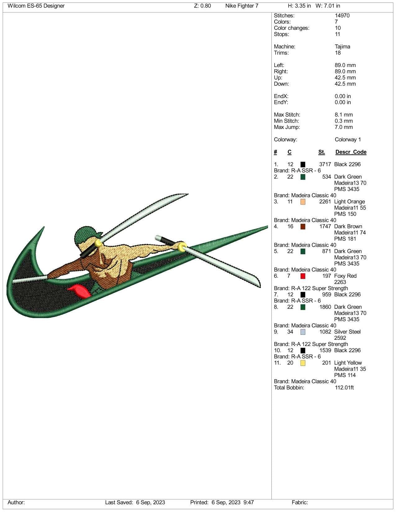 Nike Roronoa Zoro Embroidery Design Files - 3 Size's