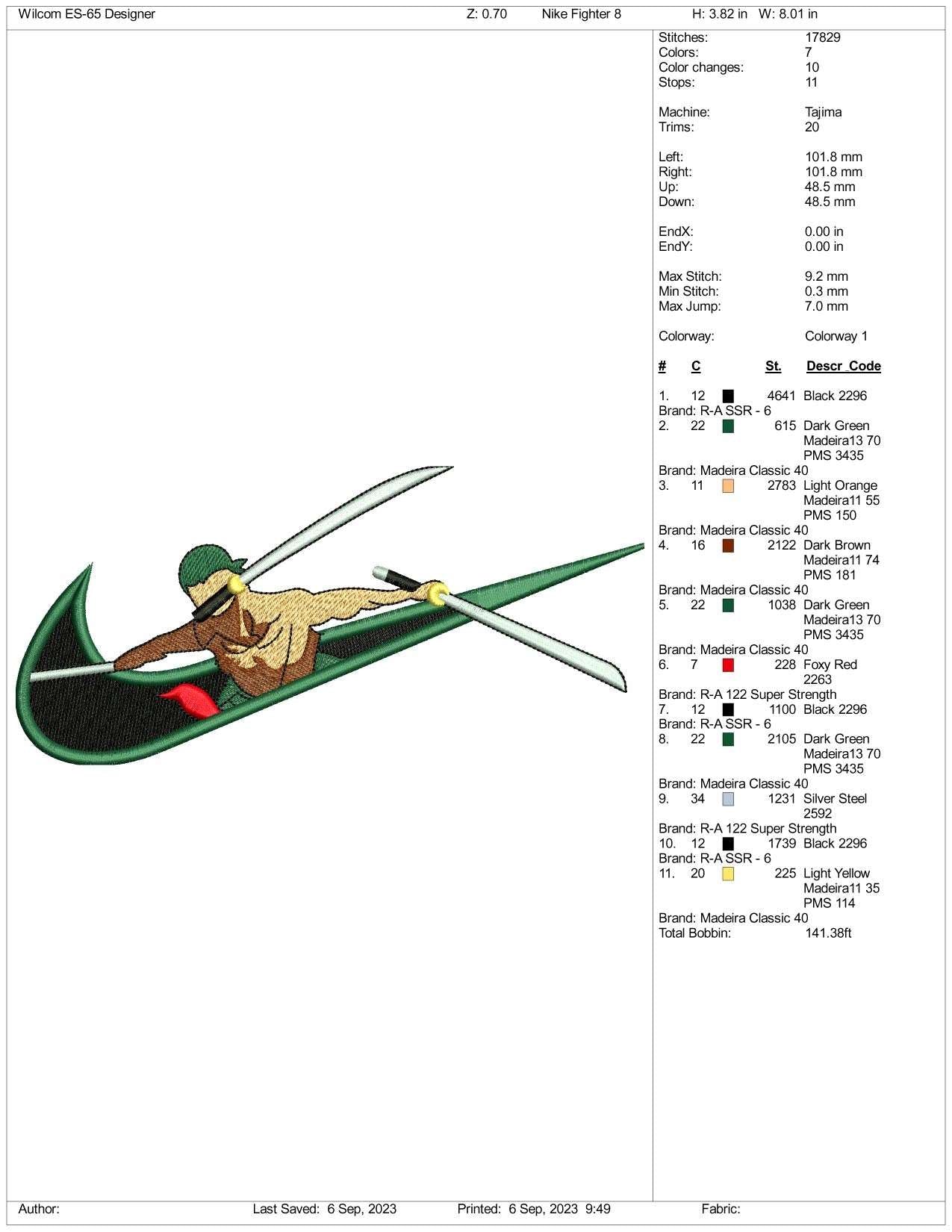 Nike Roronoa Zoro Embroidery Design Files - 3 Size's