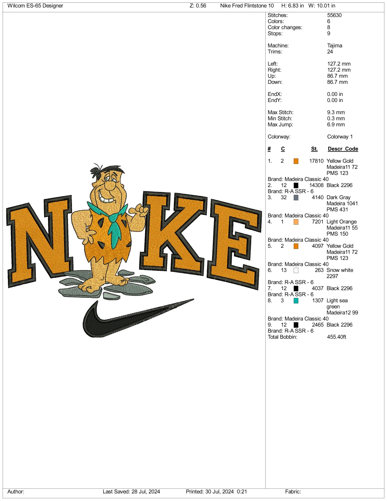 Nike Fred Flintstone Embroidery Design Files - 3 Size's