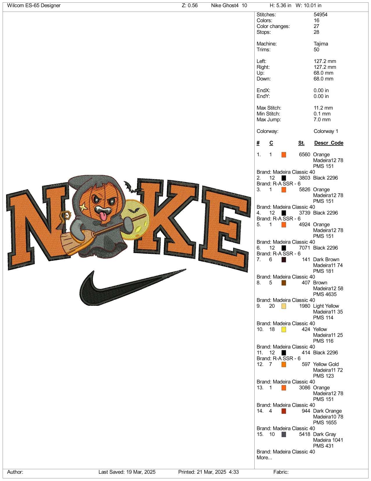 Nike Pumpkin Witch Embroidery Files - 3 Size's