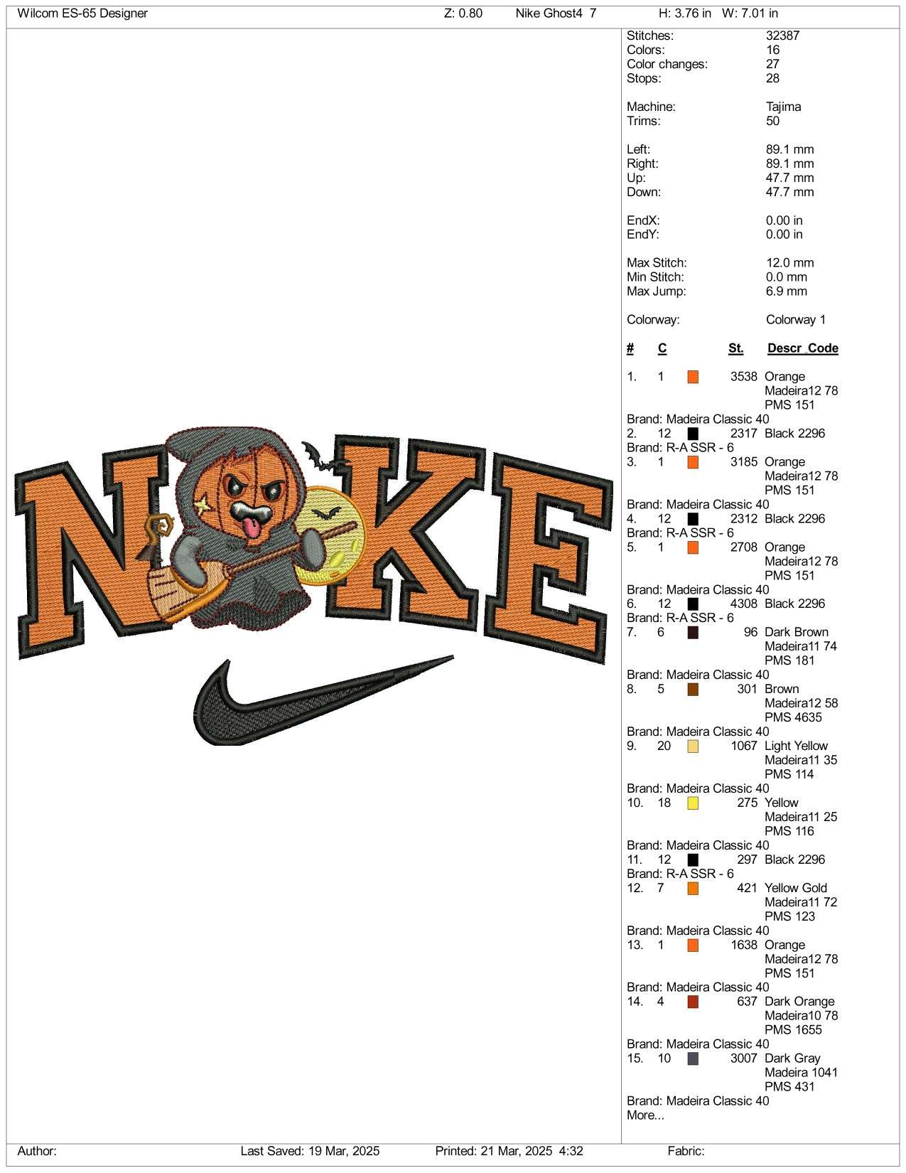Nike Pumpkin Witch Embroidery Files - 3 Size's