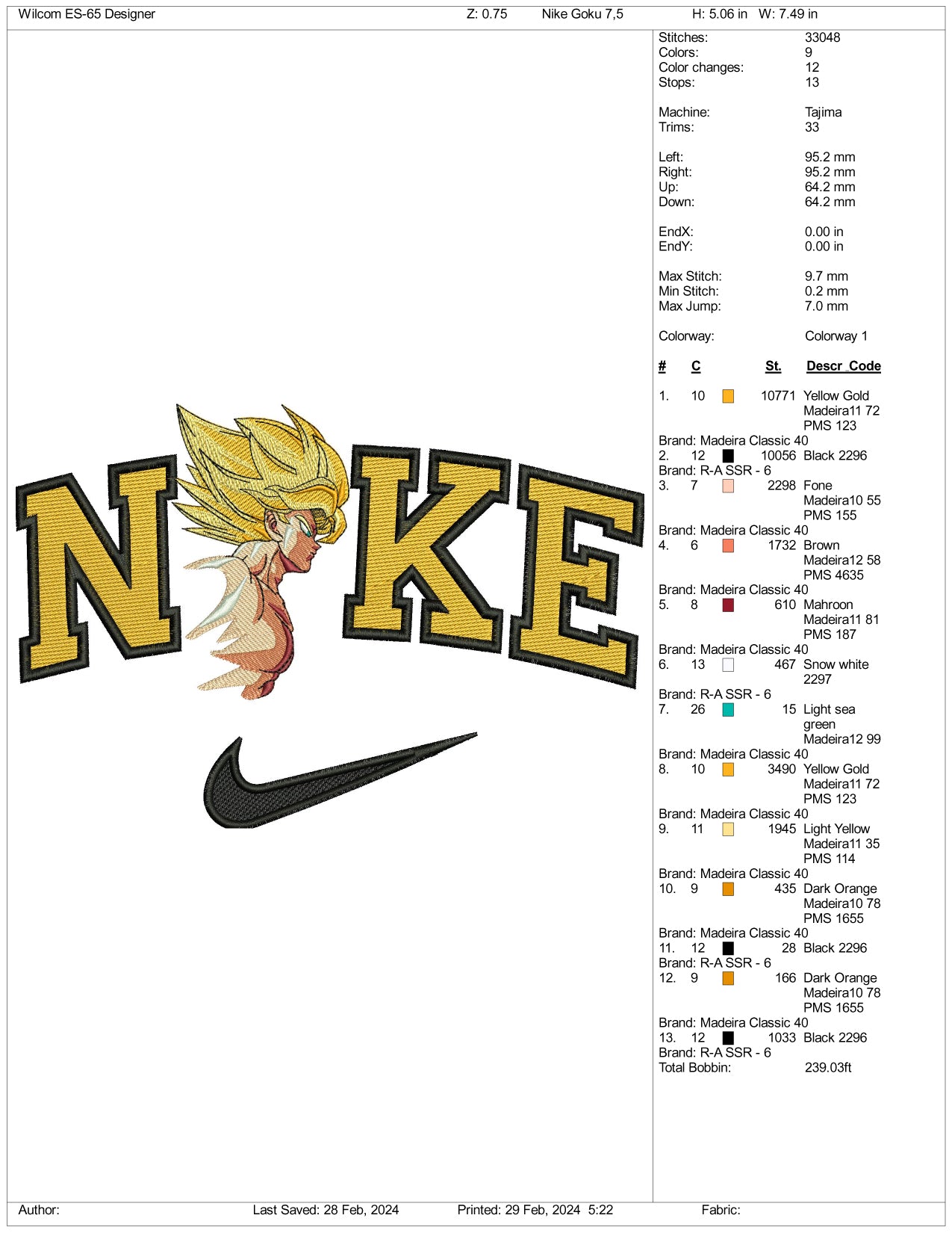 Nike Super Saiyan Goku v4 Embroidery Design Files - 3 Size's