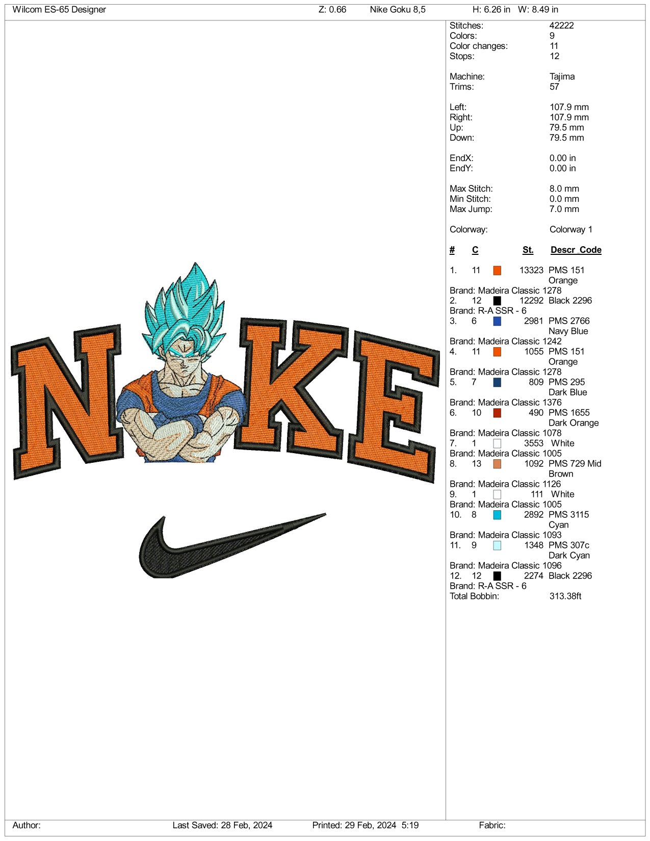 Nike Super Saiyan Goku v2 Embroidery Design Files - 3 Size's