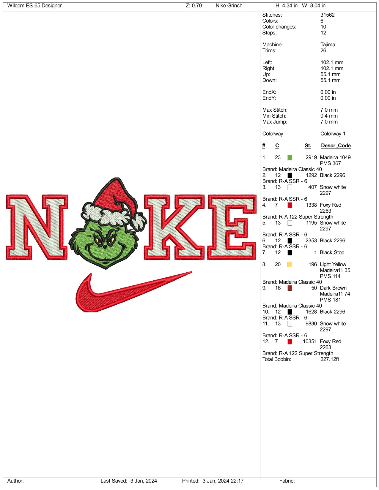 Lady Grinch Nike Embroidery Design Files - 3 Size's