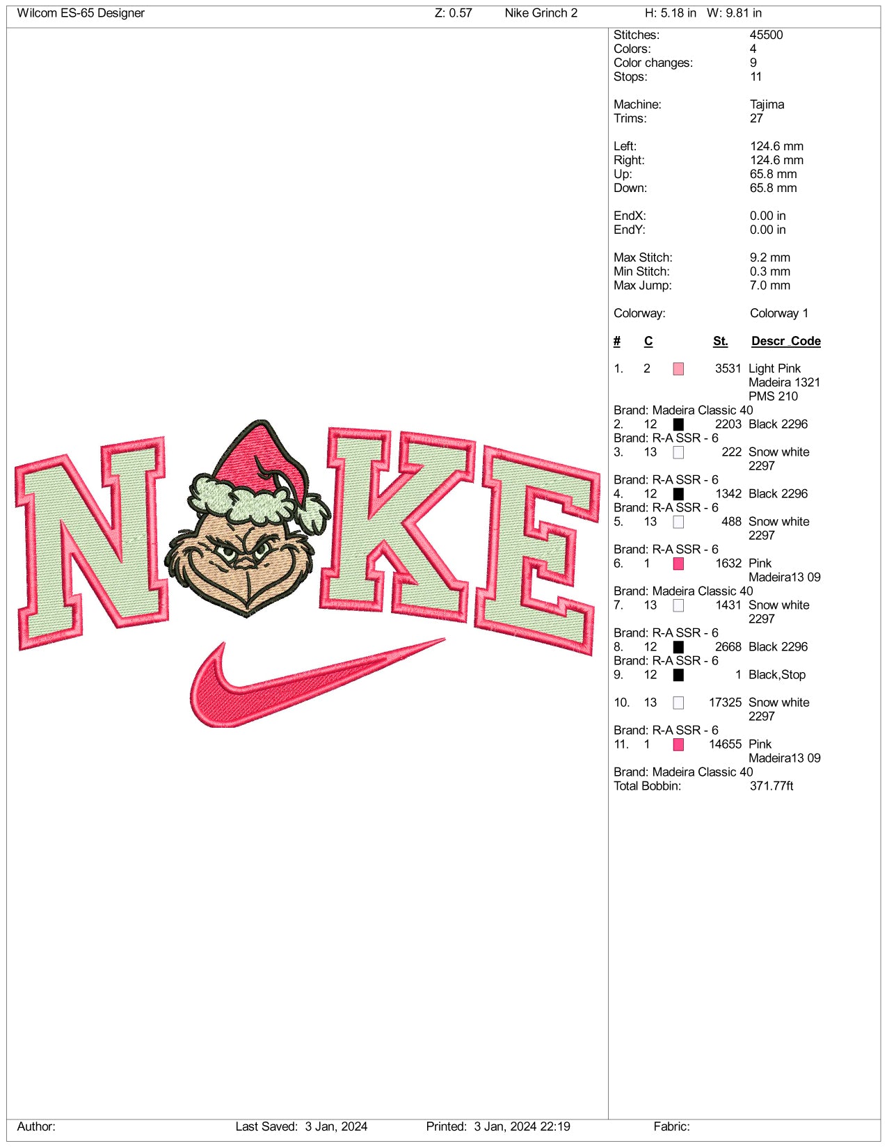 Grinch Nike Pink Version Embroidery Design Files - 3 Size's