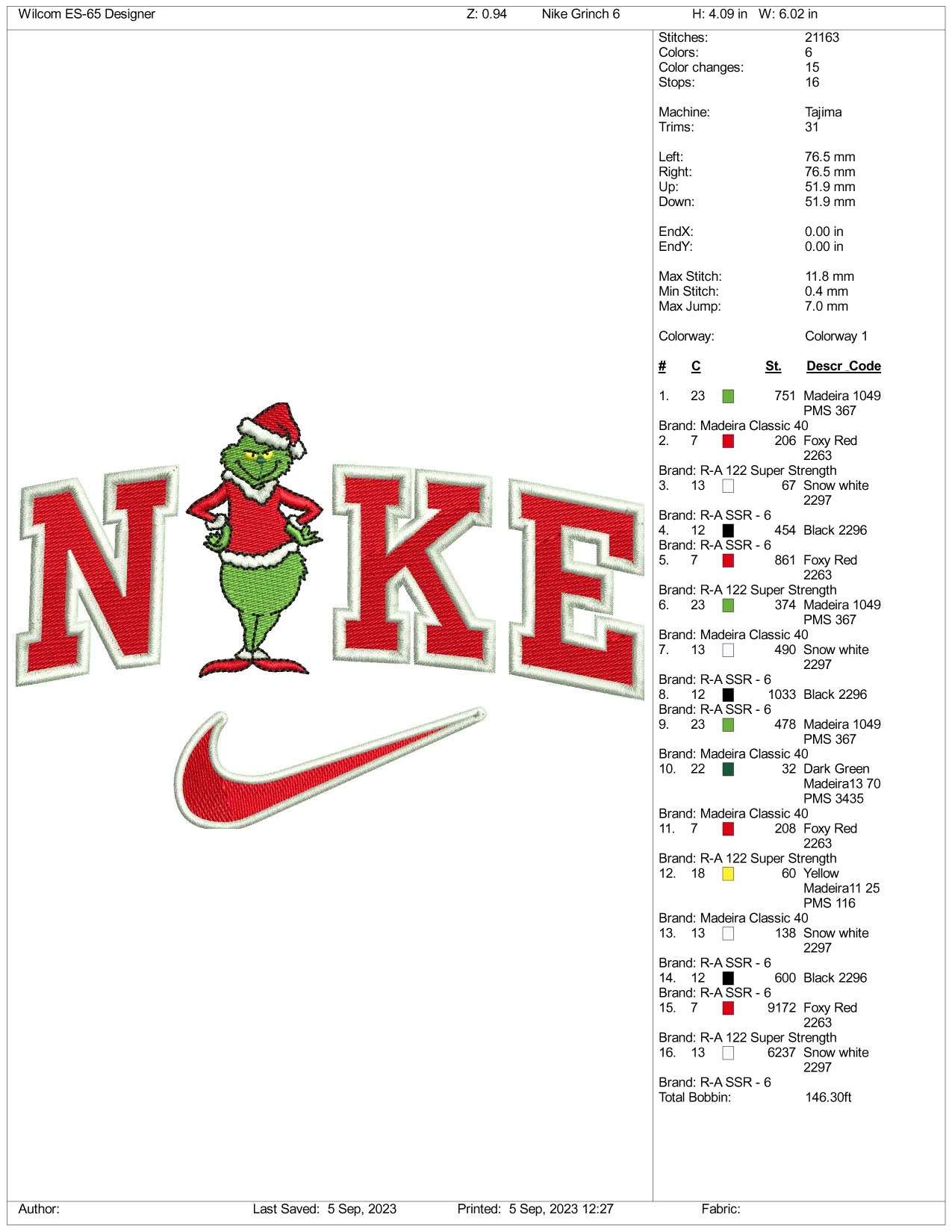 Nike Christmas Grinch V2 Embroidery Design Files - 3 Size's