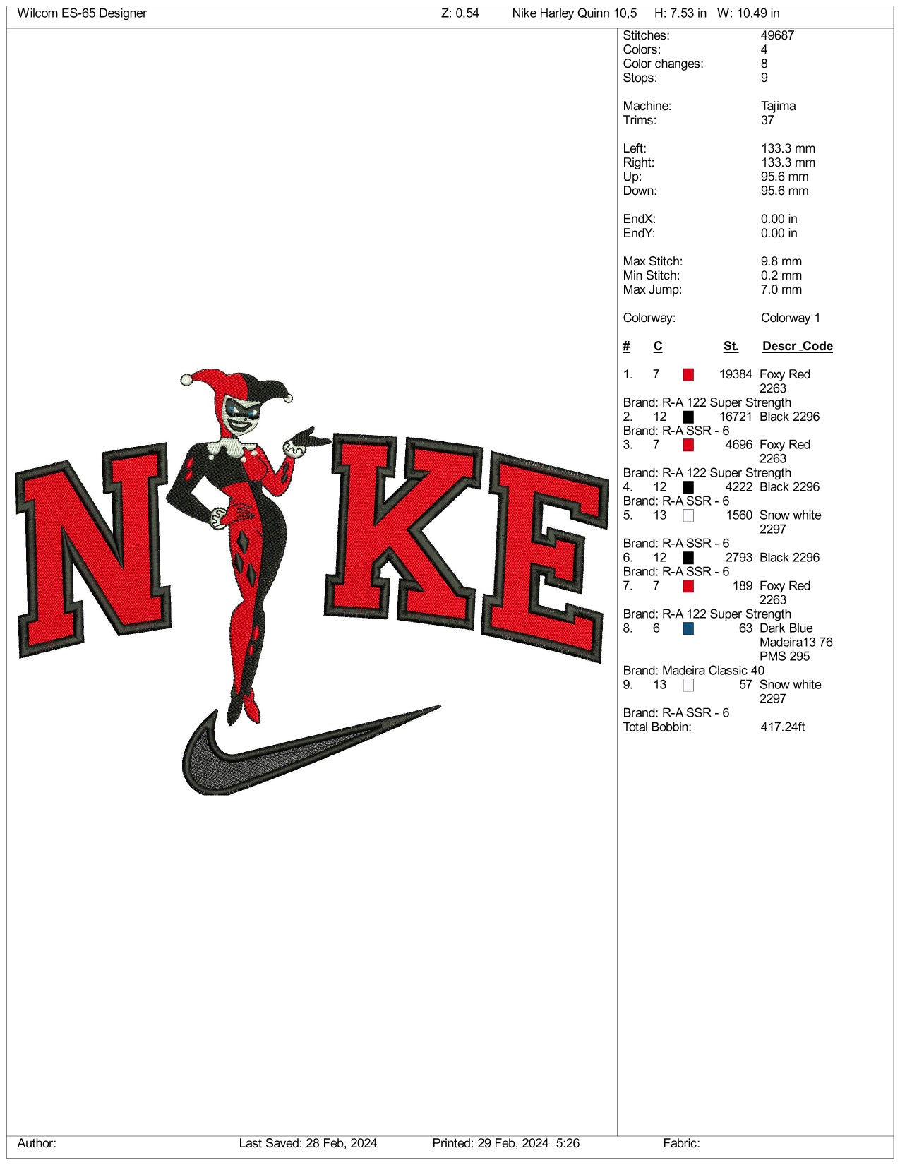 Nike Old Harley Quinn Embroidery Design Files - 3 Size's