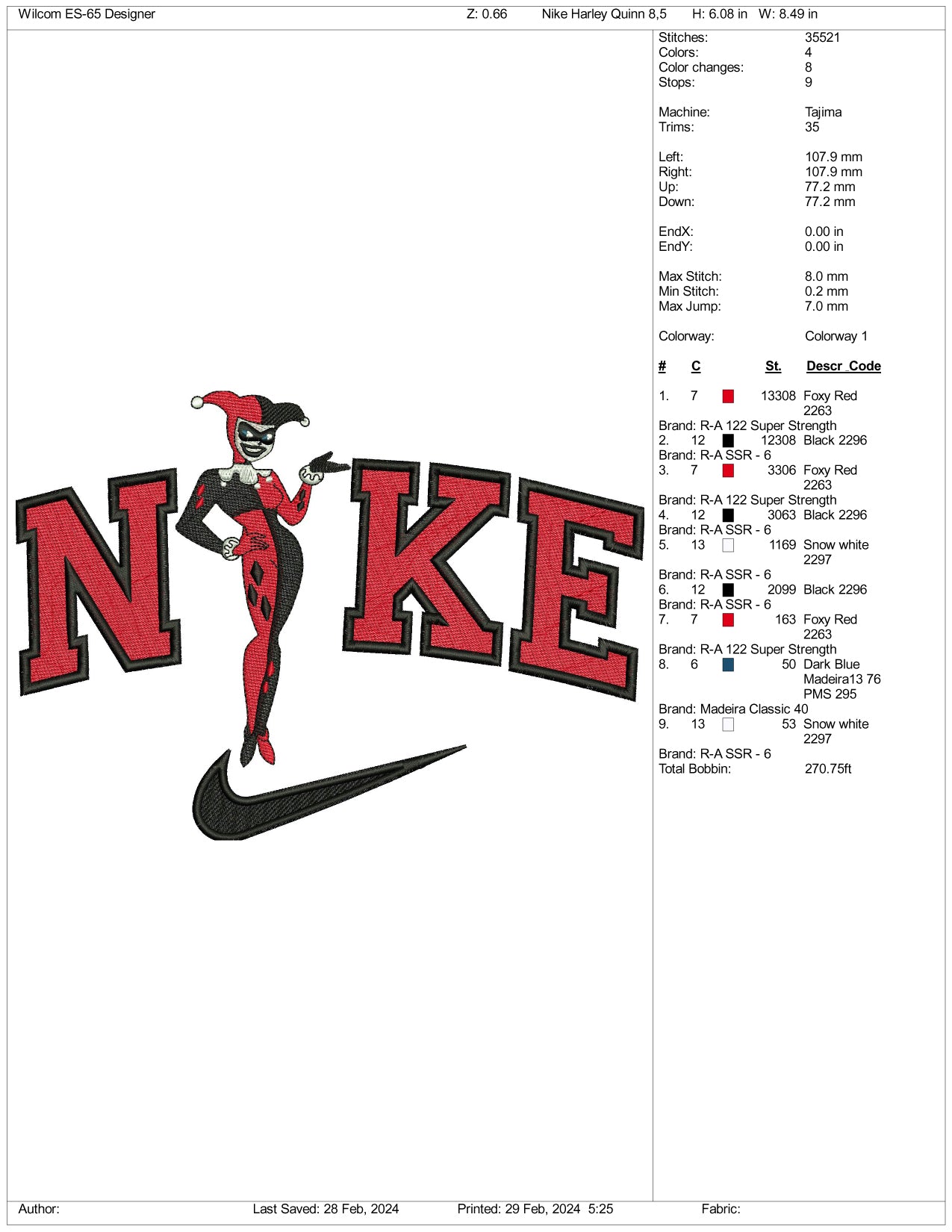 Nike Old Harley Quinn Embroidery Design Files - 3 Size's