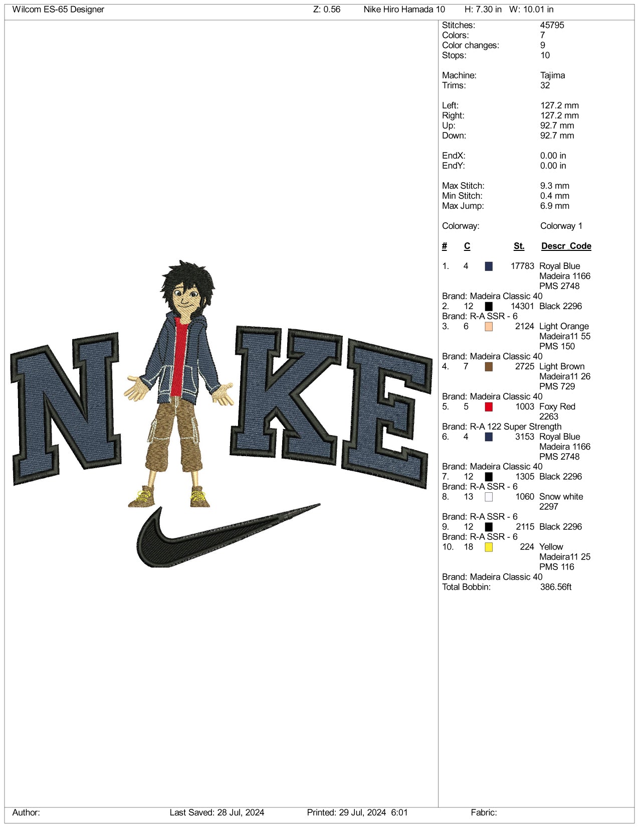 Nike Hiro Hamada Embroidery Design Files - 3 Size's