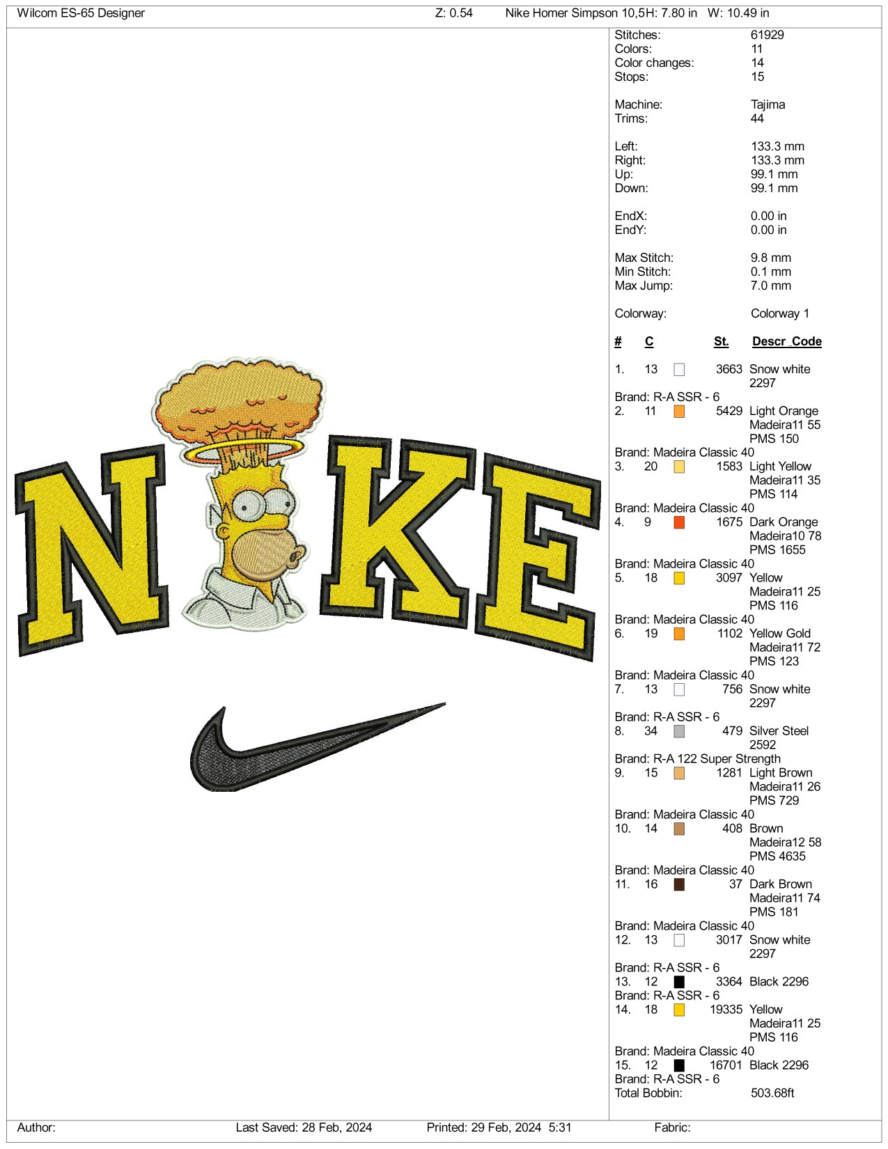 Nike Angry Homer Embroidery Design Files - 3 Size's