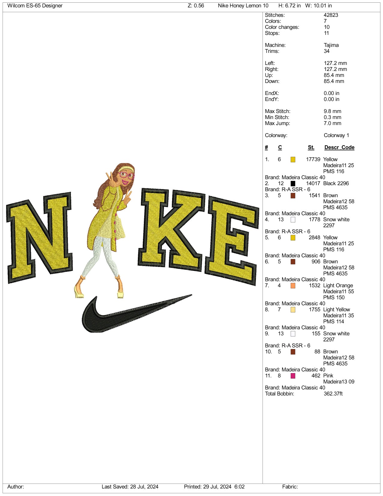 NIke Honey Lemon Embroidery Design Files - 3 Size's