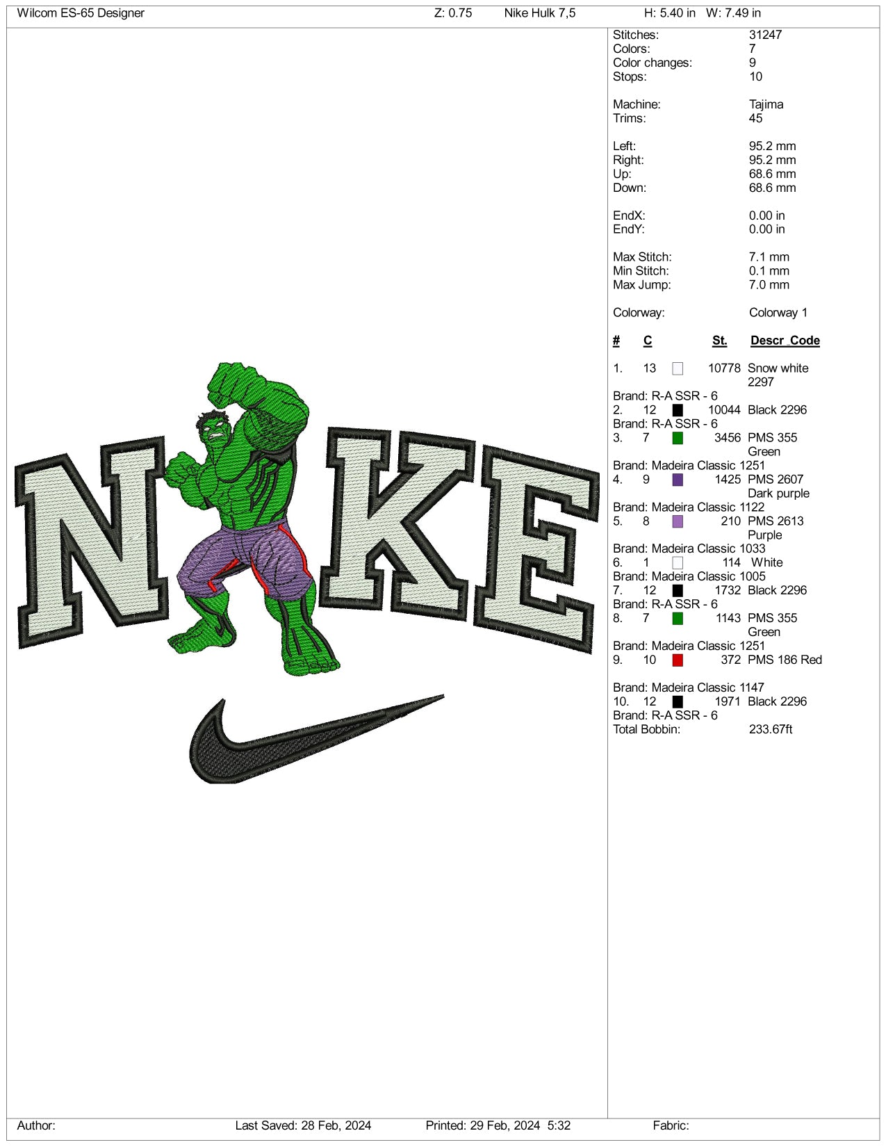 Nike Hulk Embroidery Design Files - 3 Size's