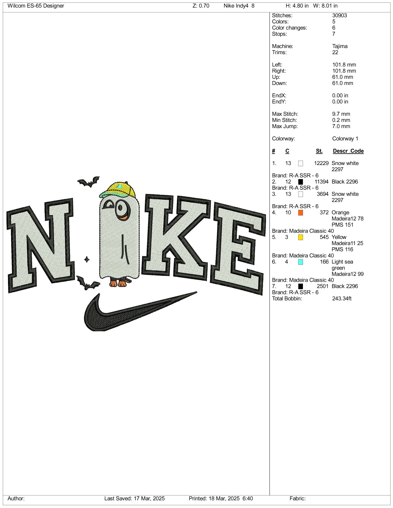 Nike Bingo Ghost v2 Embroidery Files - 3 Size's