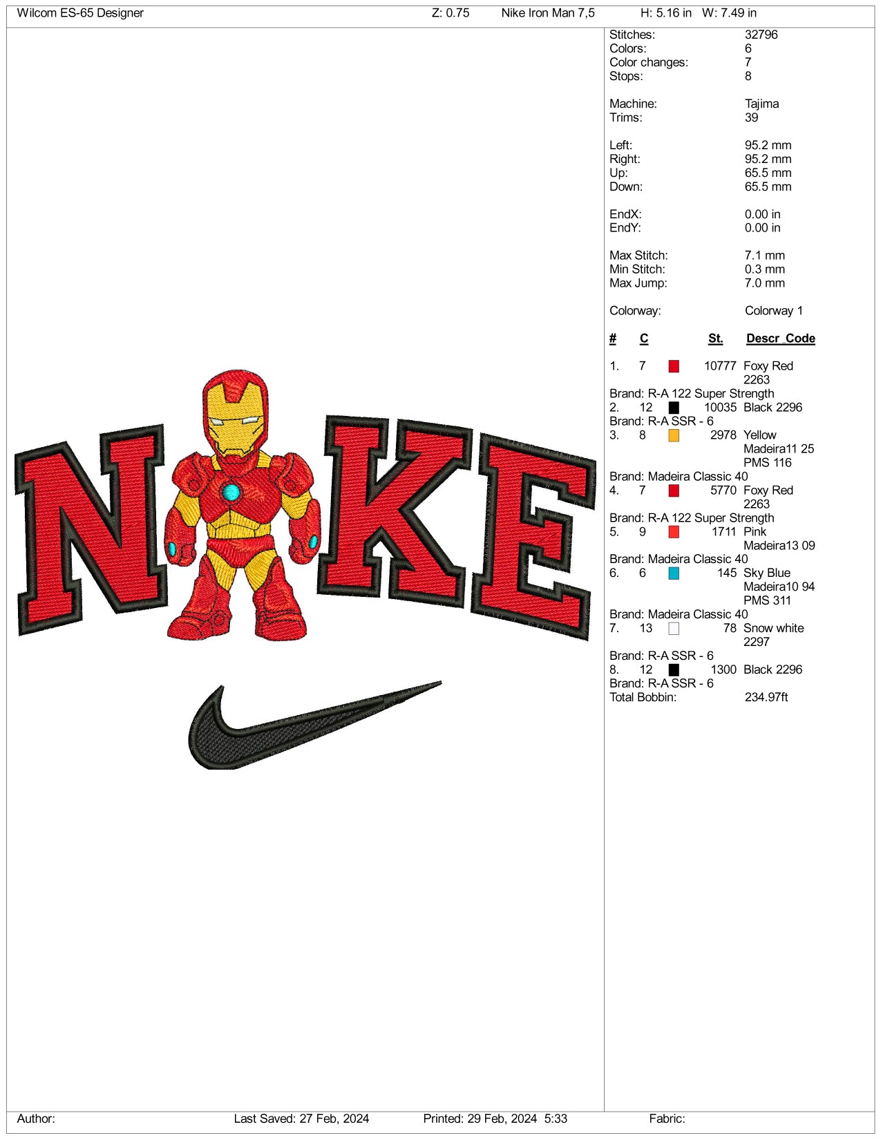 Nike Chibi Iron Man Embroidery Design Files - 3 Size's