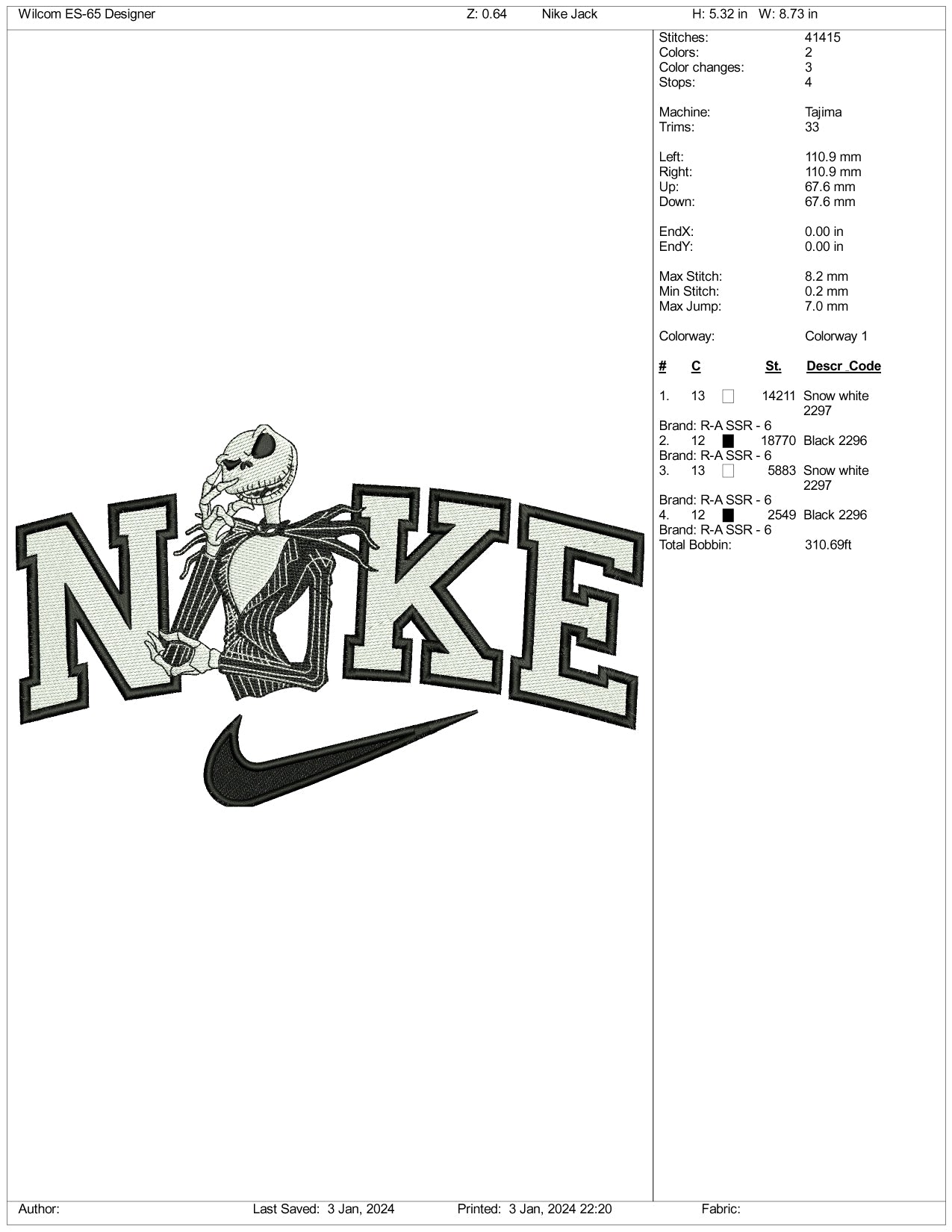 Jack Nike v2 Embroidery Design Files - 3 Size's