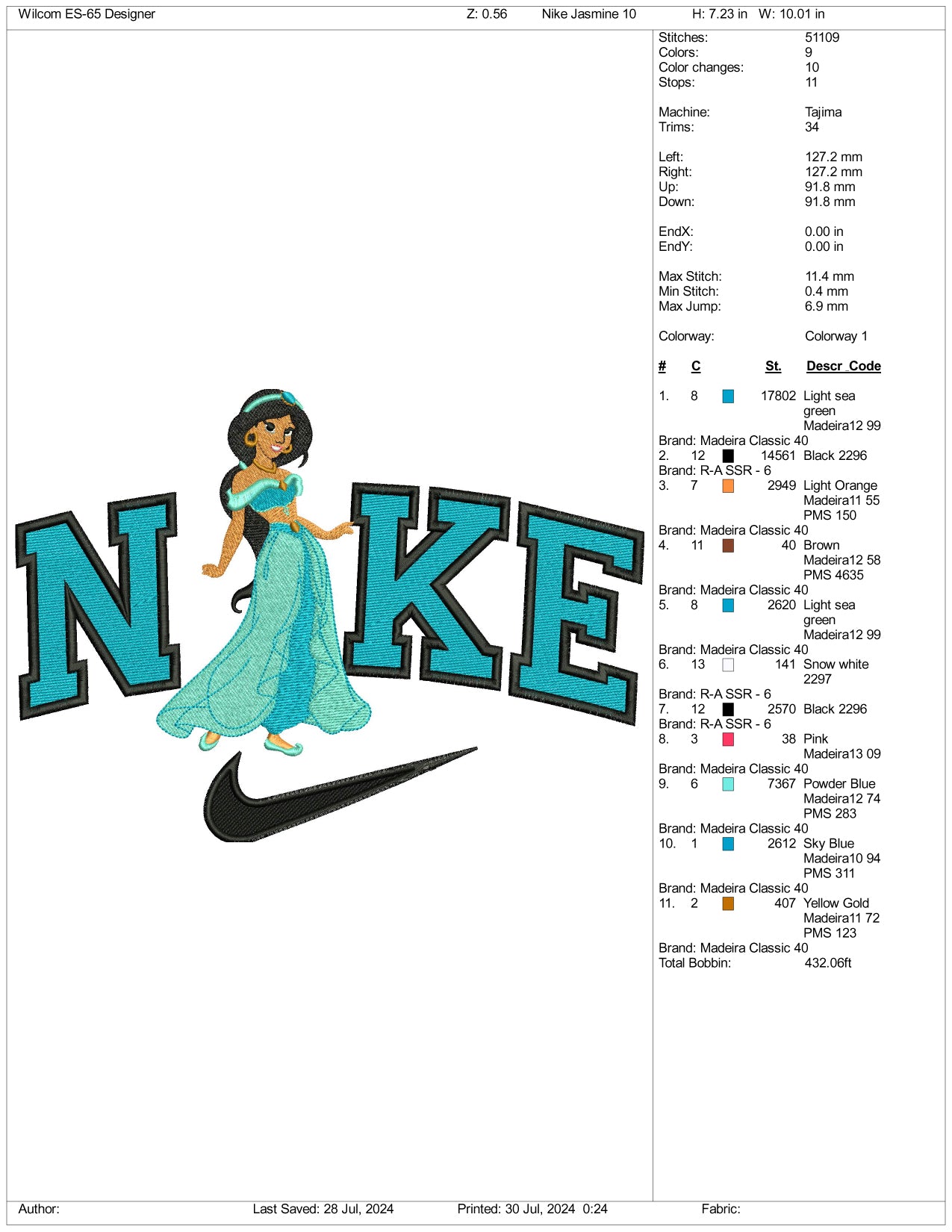 Nike jasmine Embroidery Design Files - 3 Size's