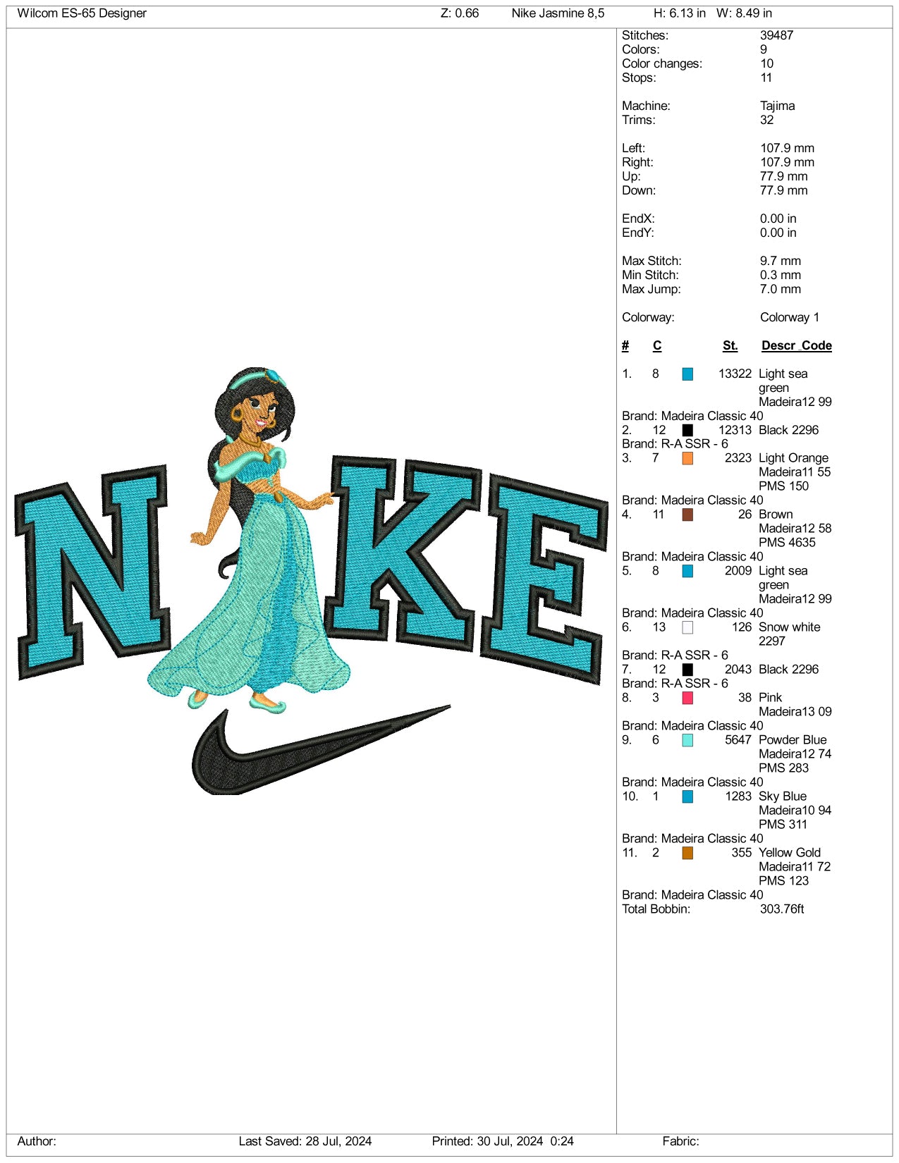 Nike jasmine Embroidery Design Files - 3 Size's