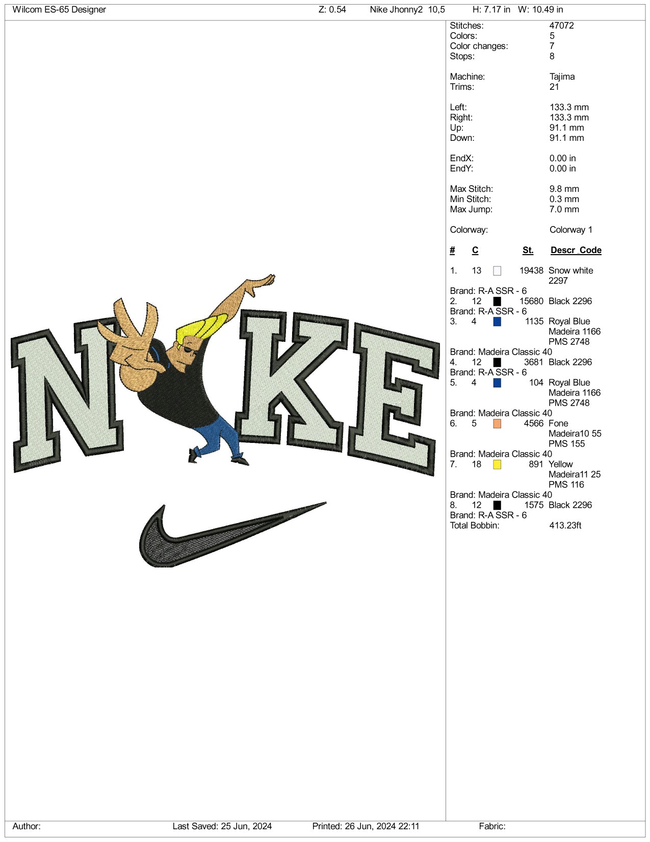 Nike Johnny Bravo v1 Embroidery Design Files - 3 Sizes