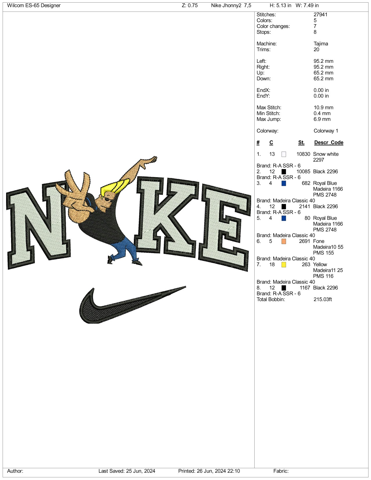 Nike Johnny Bravo v1 Embroidery Design Files - 3 Sizes