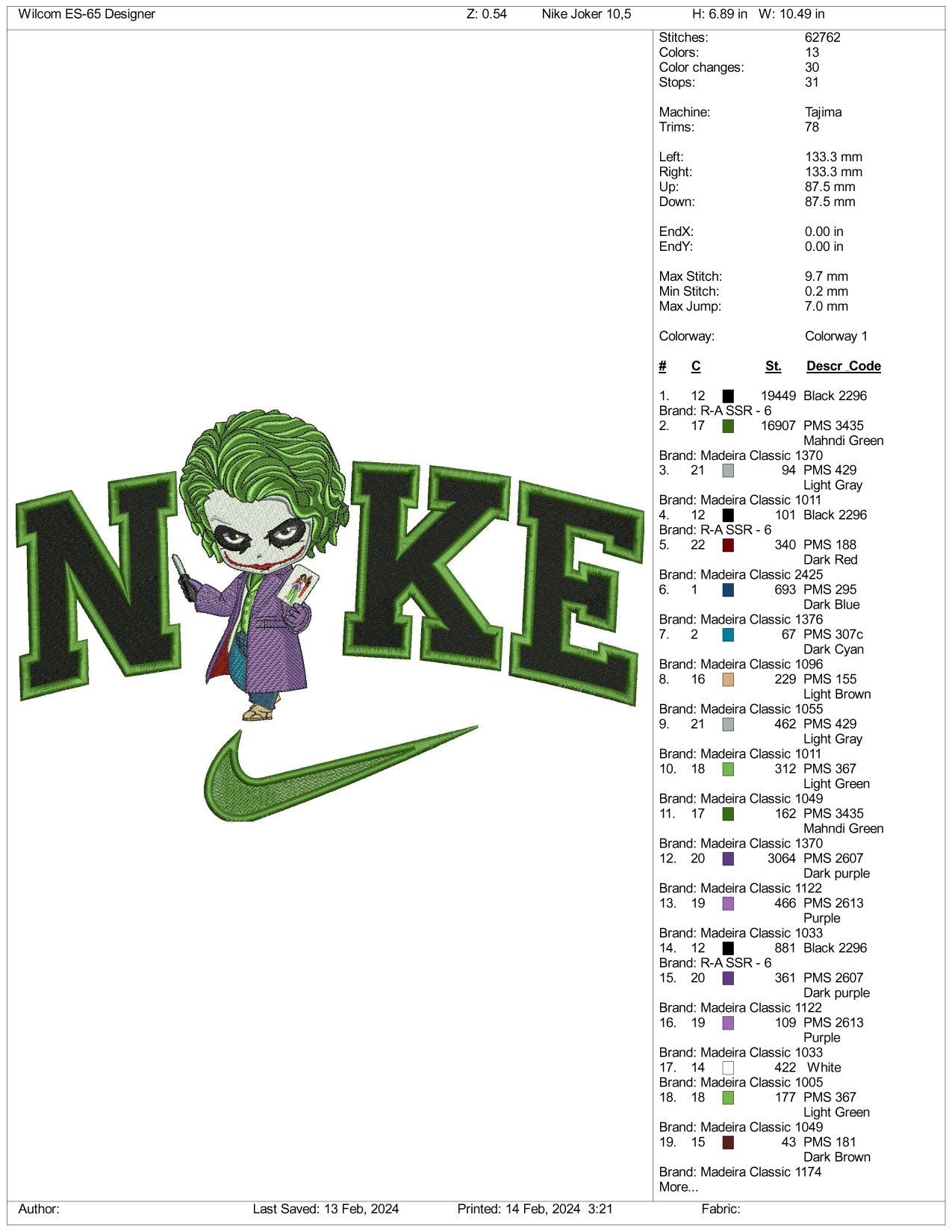 Nike Chibi Joker Embroidery Design Files - 3 Size's