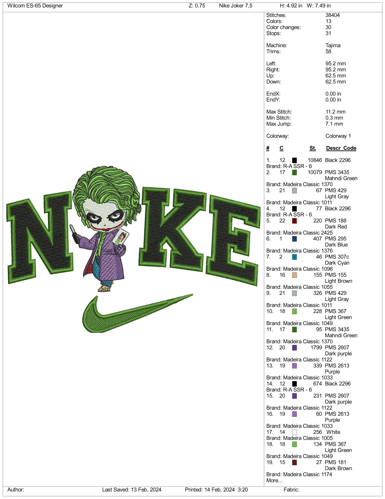 Nike Chibi Joker Embroidery Design Files - 3 Size's