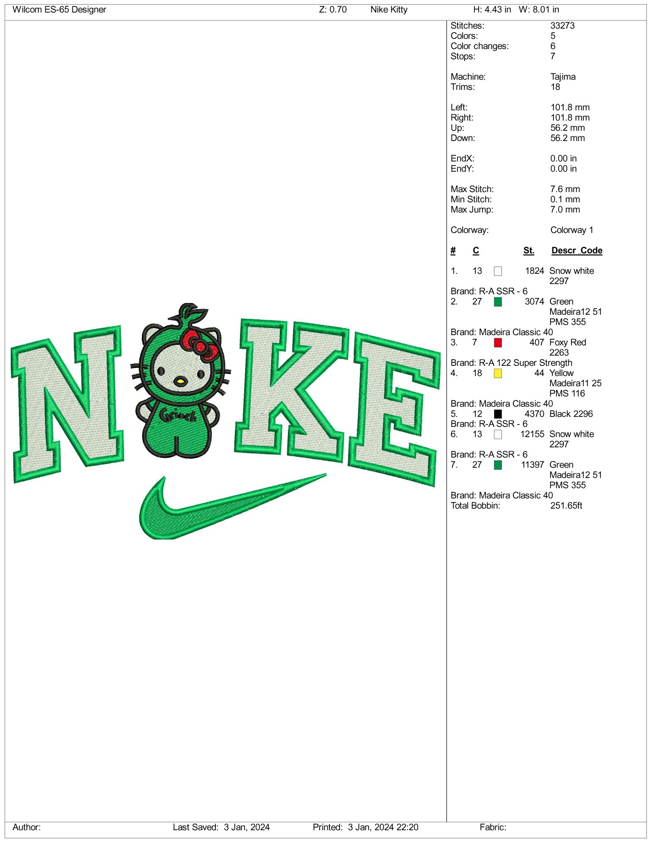 Hello Kitty Nike Green Embroidery Design Files - 3 Size's