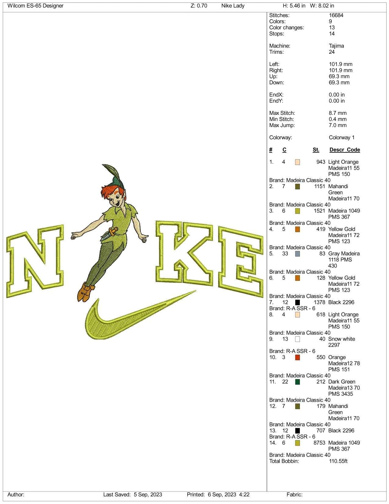 Nike Peter Pan Embroidery Design Files - 3 Size's