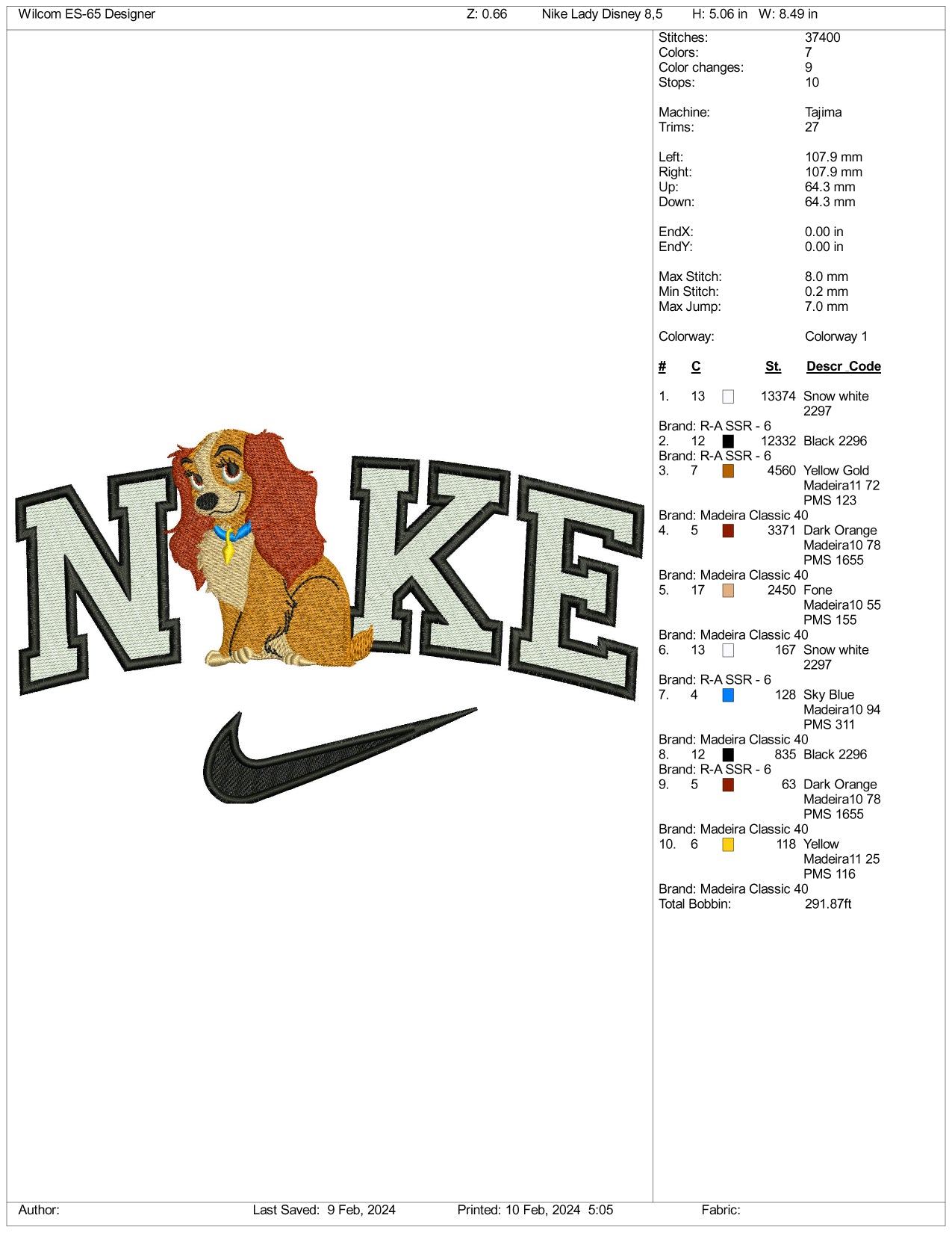 Nike Lady Dog Embroidery Design Files - 3 Size's