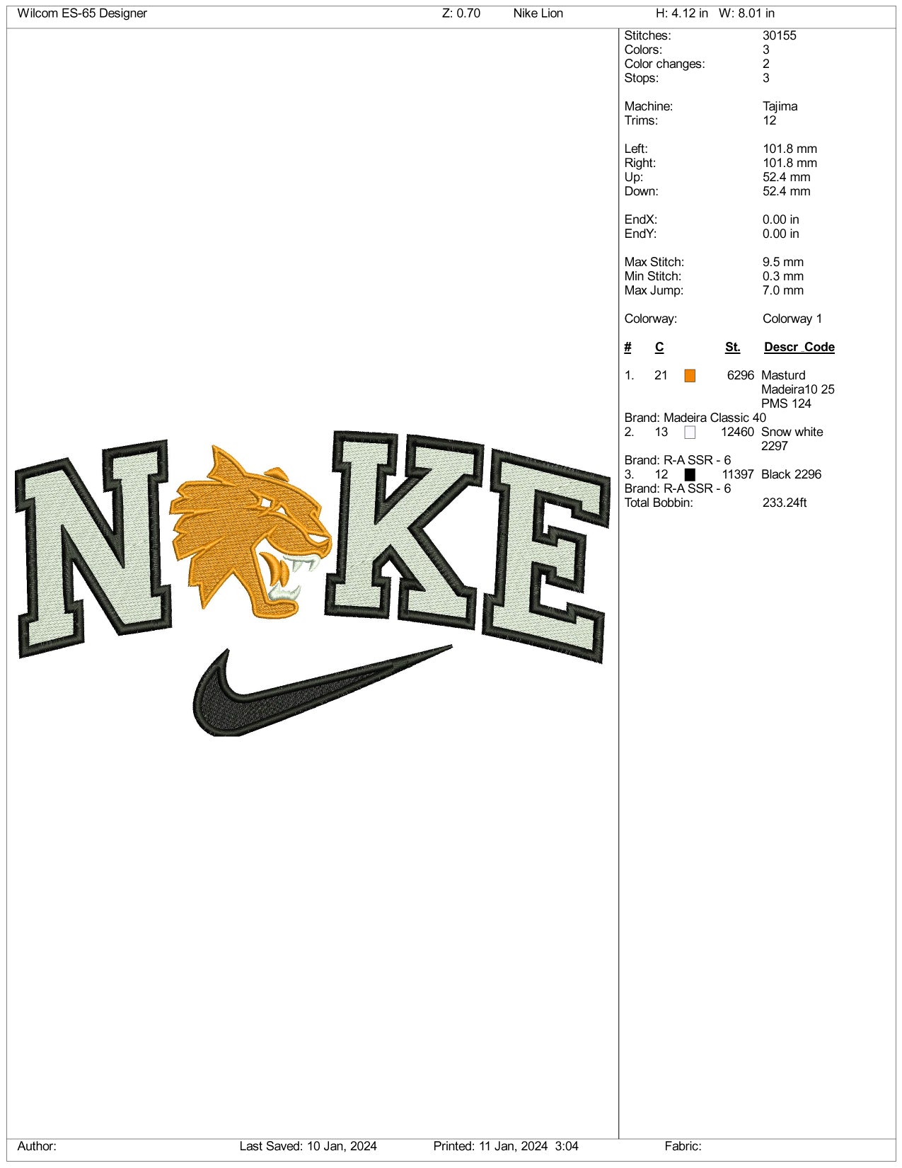 Nike Tiger v2 Embroidery Design Files - 3 Size's