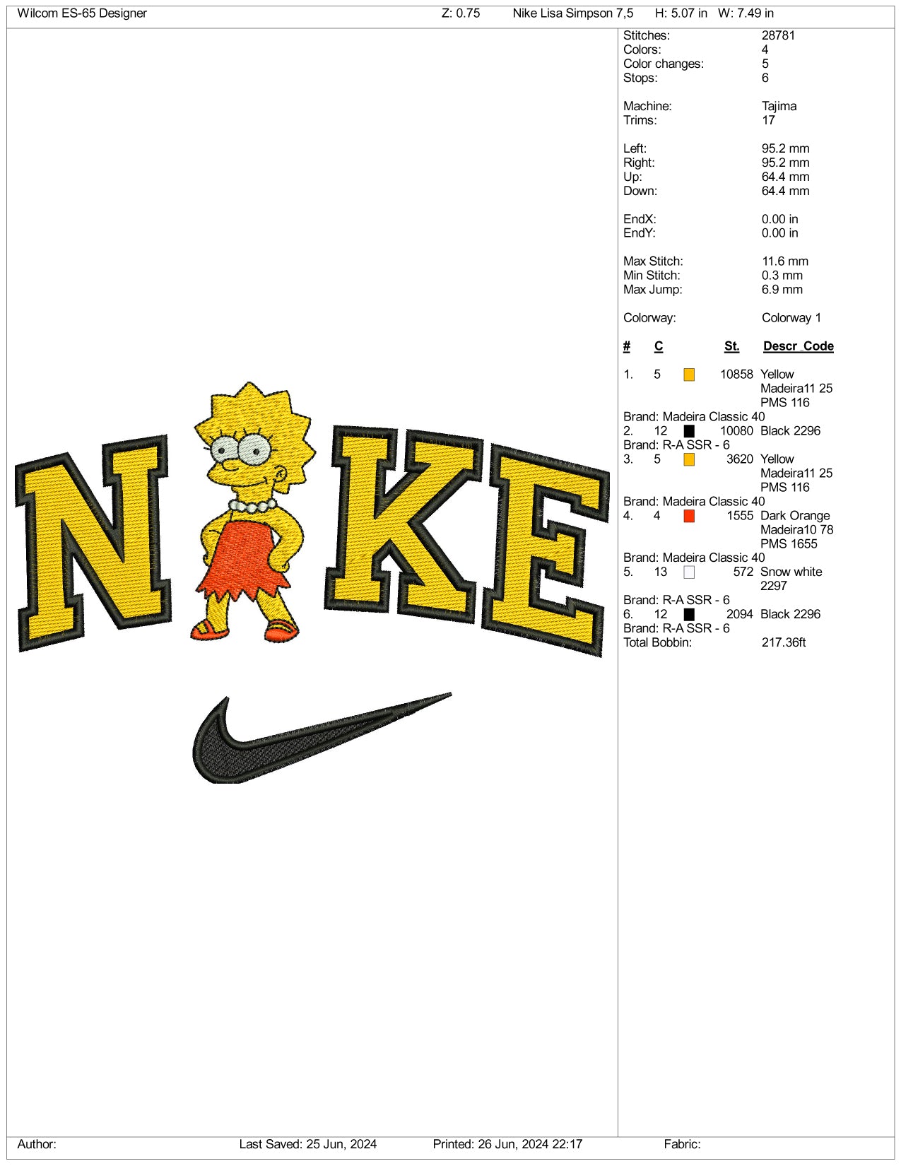 NIke Lisa Simpson Embroidery Design Files - 3 Sizes