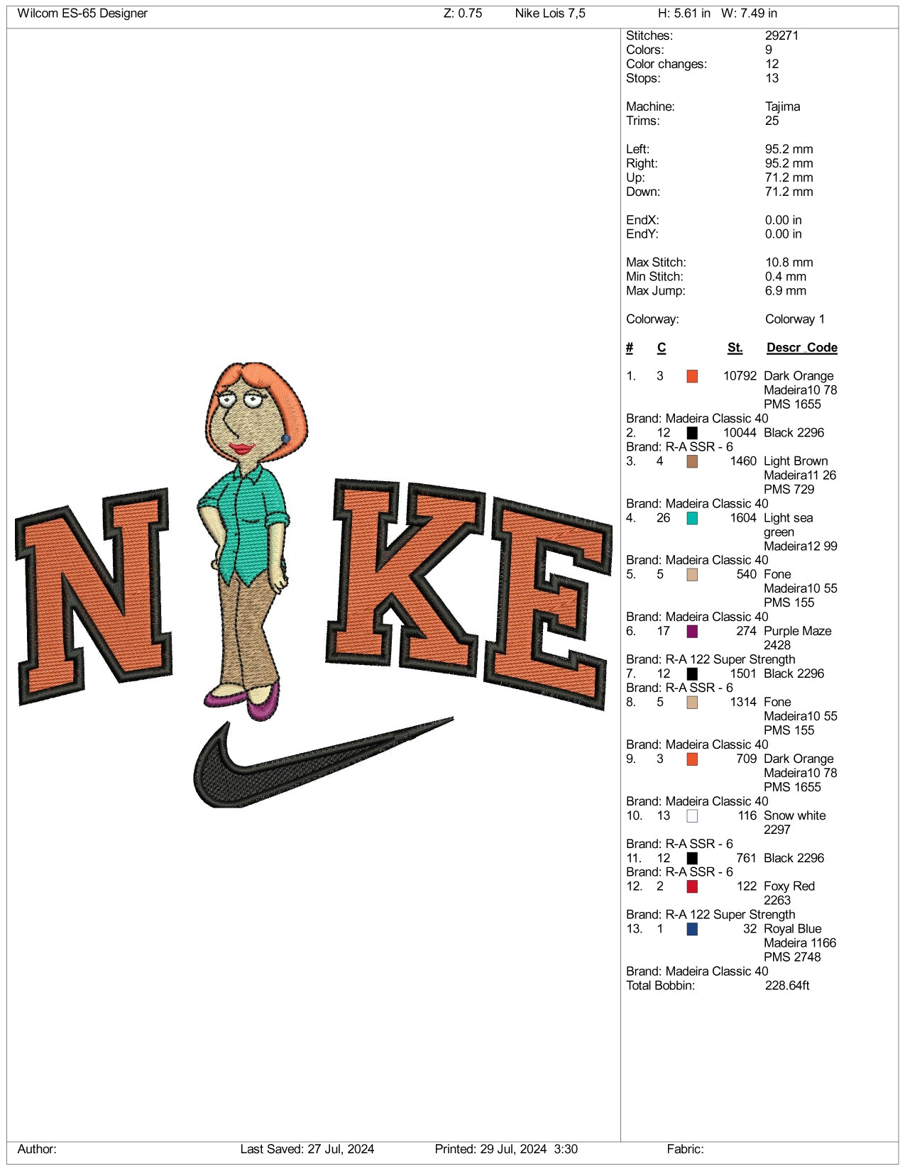 Nike Lois Griffin Embroidery Design Files - 3 Size's