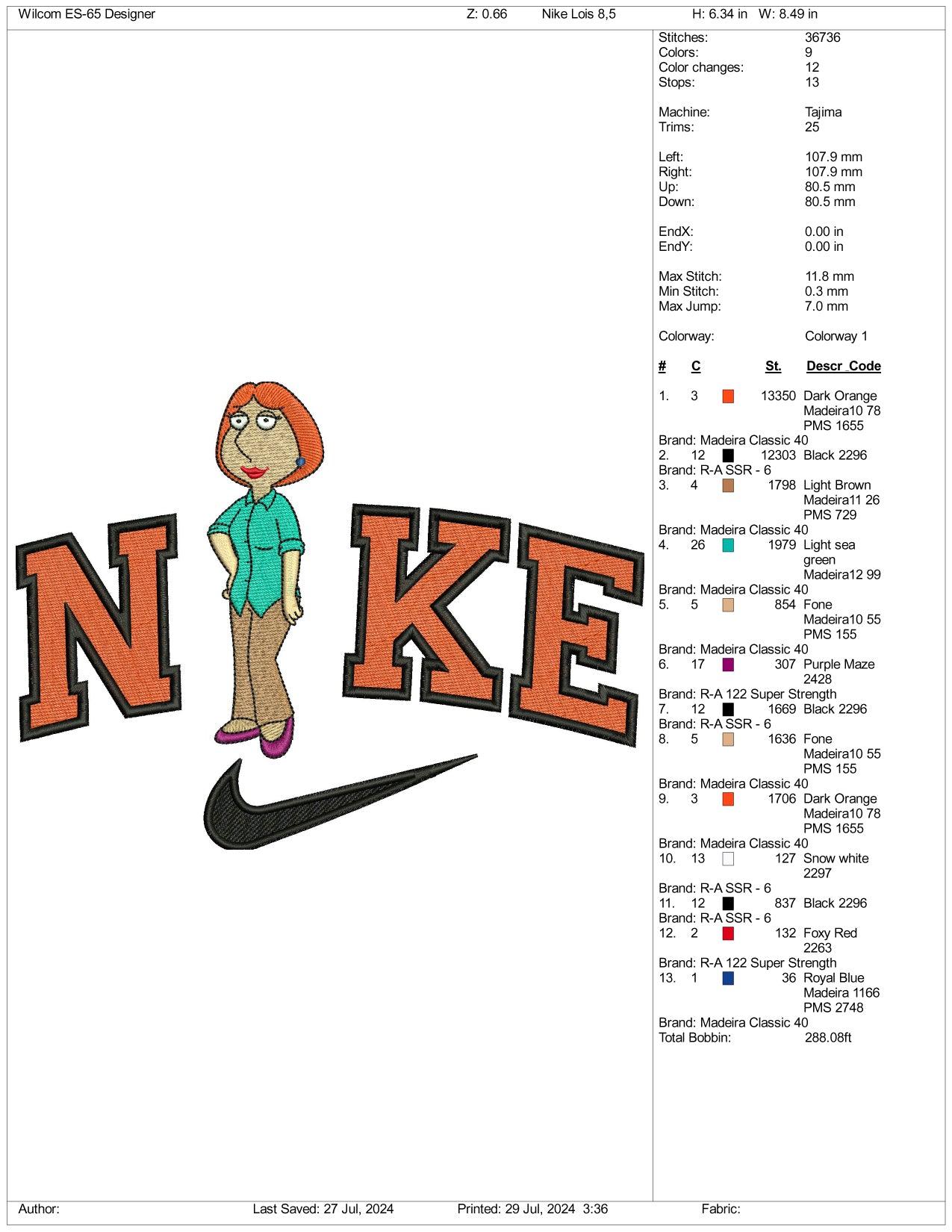 Nike Lois Griffin Embroidery Design Files - 3 Size's