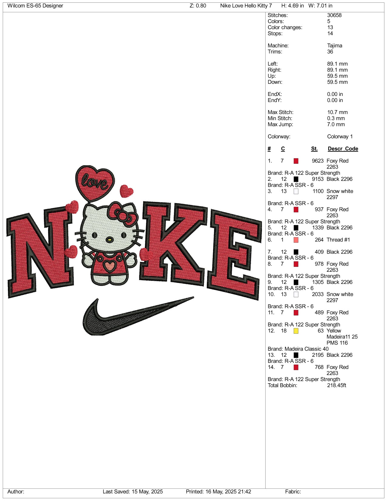 Nike Hello Kitty Love v2 Embroidery Design Files - 3 Size's