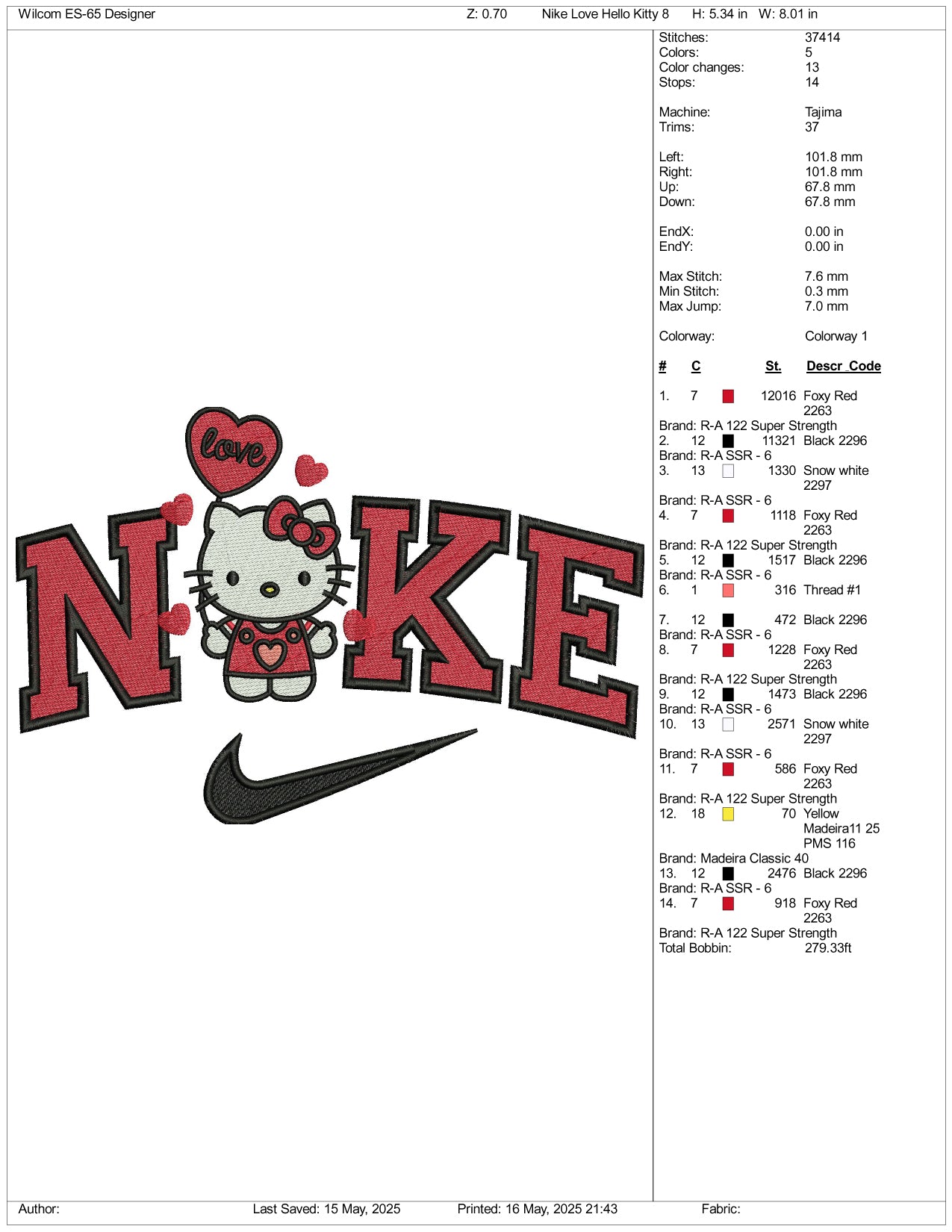 Nike Hello Kitty Love v2 Embroidery Design Files - 3 Size's