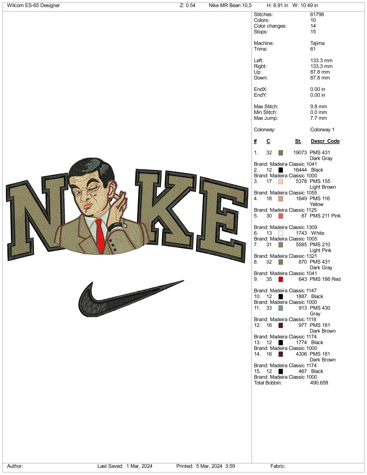 Nike Mr Bean Embroidery Design Files - 3 Size's