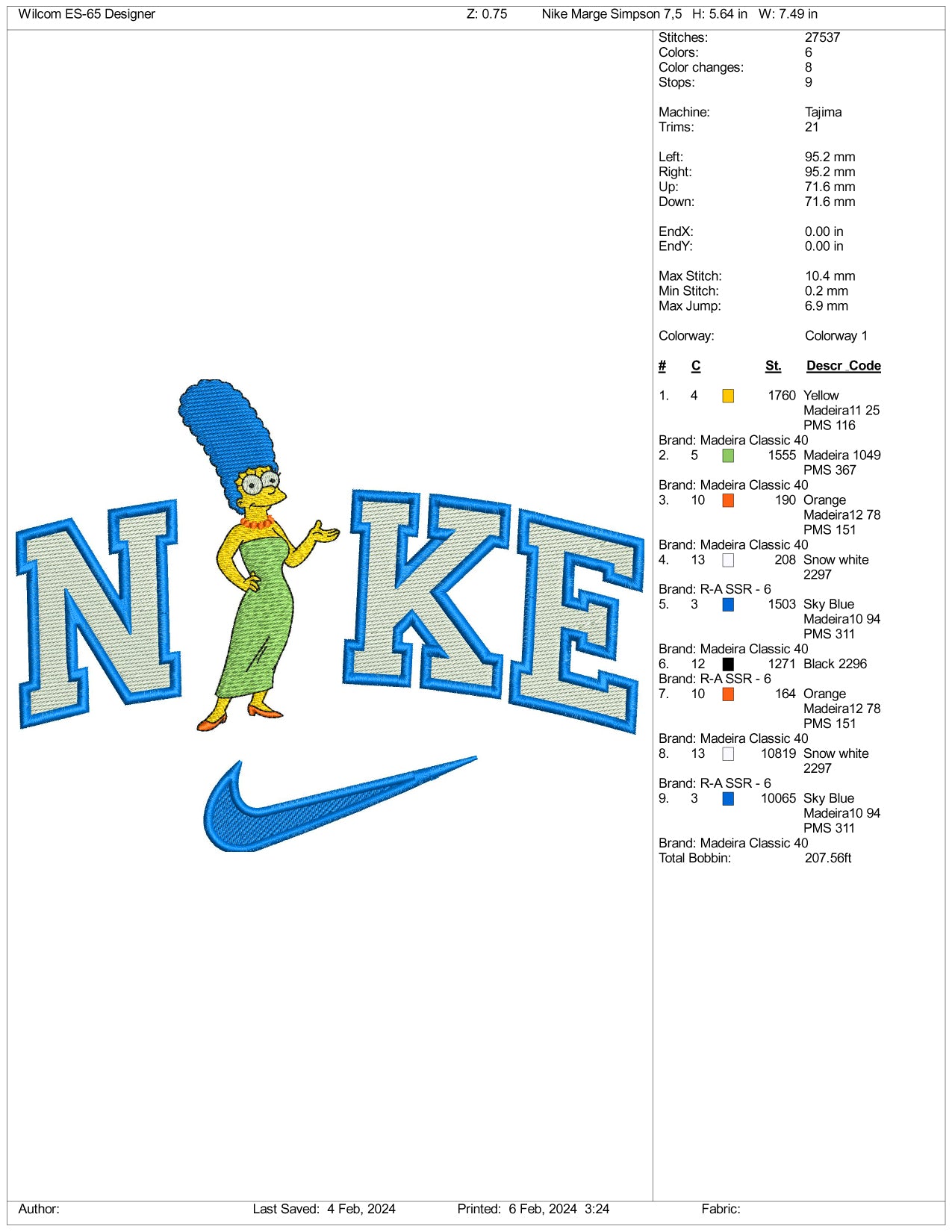 NIke Marge Simpson Embroidery Design Files - 3 Size's