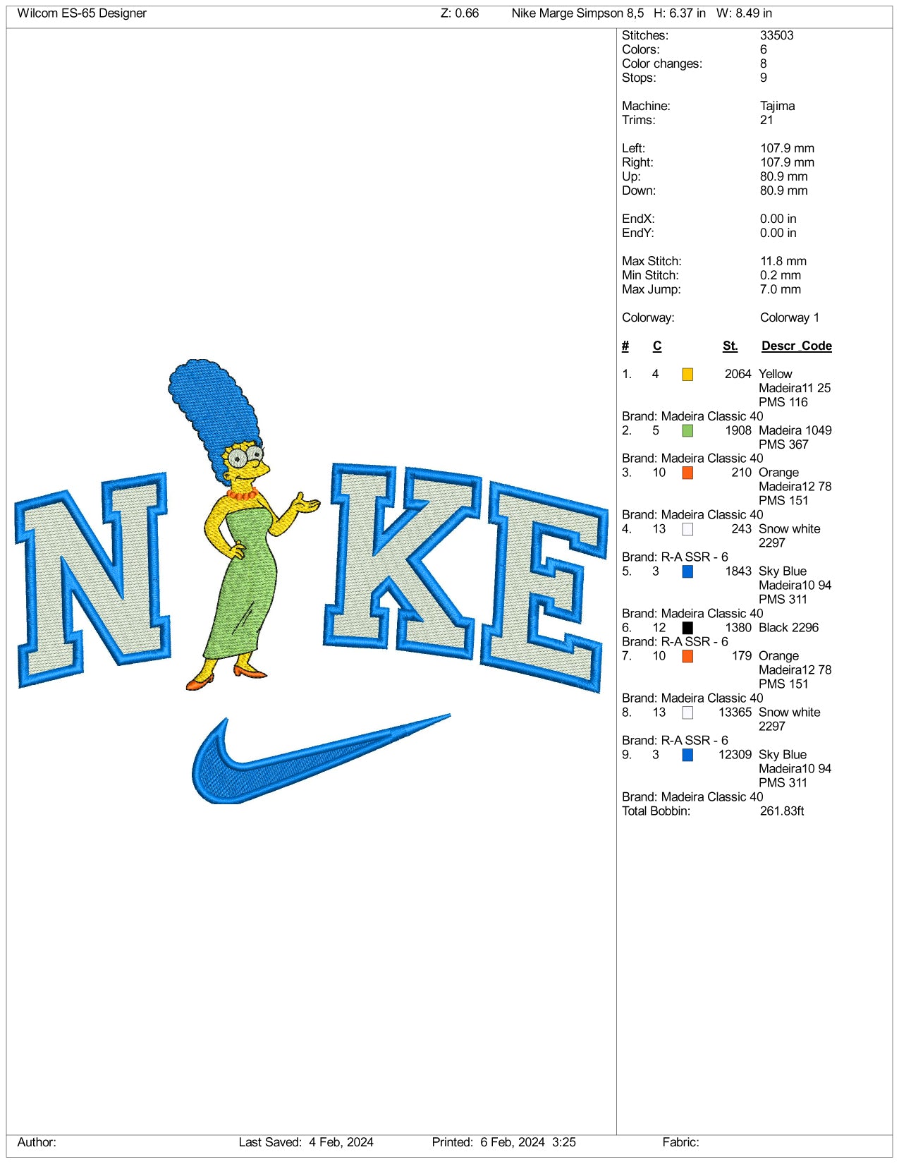 NIke Marge Simpson Embroidery Design Files - 3 Size's