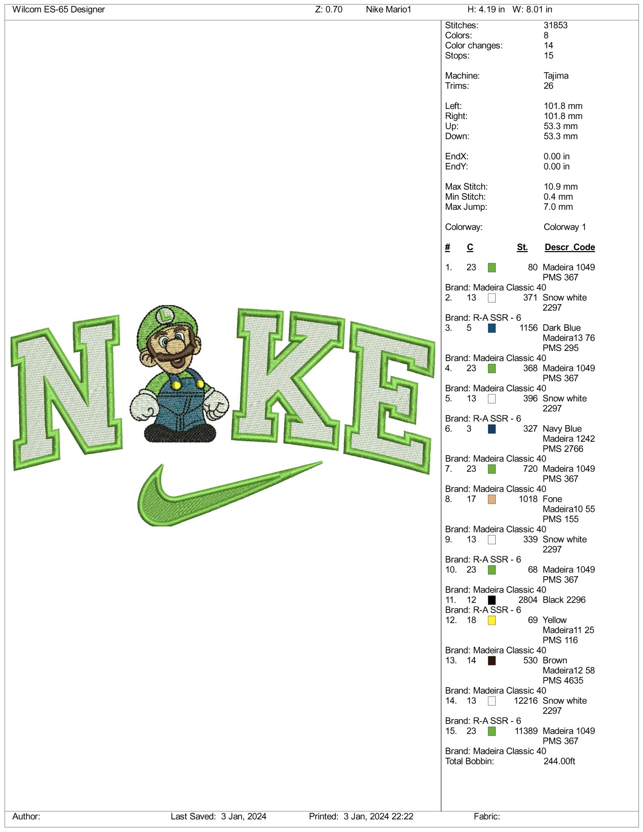 Nike Luigi Super Mario Embroidery Design Files - 3 Size's