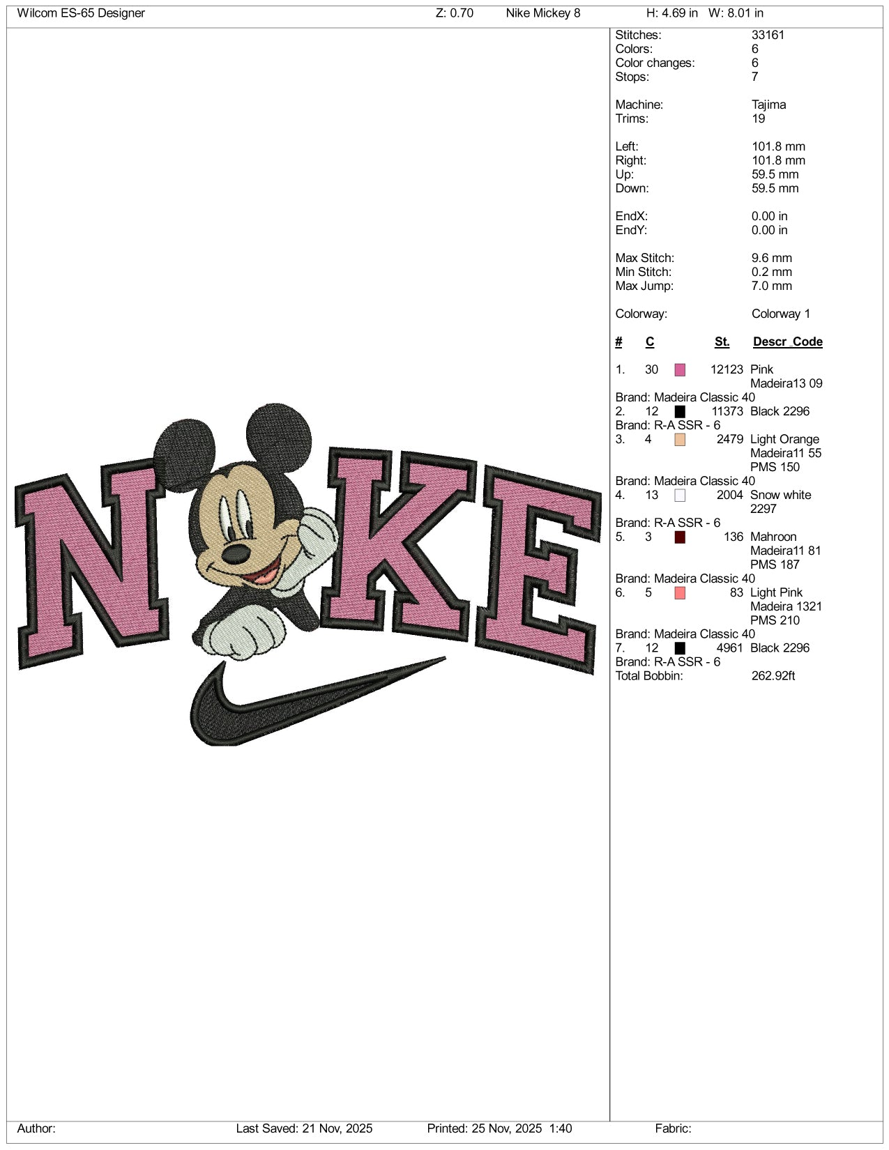 Nike Mickey Mouse v22 Embroidery Design Files - 3 Size's