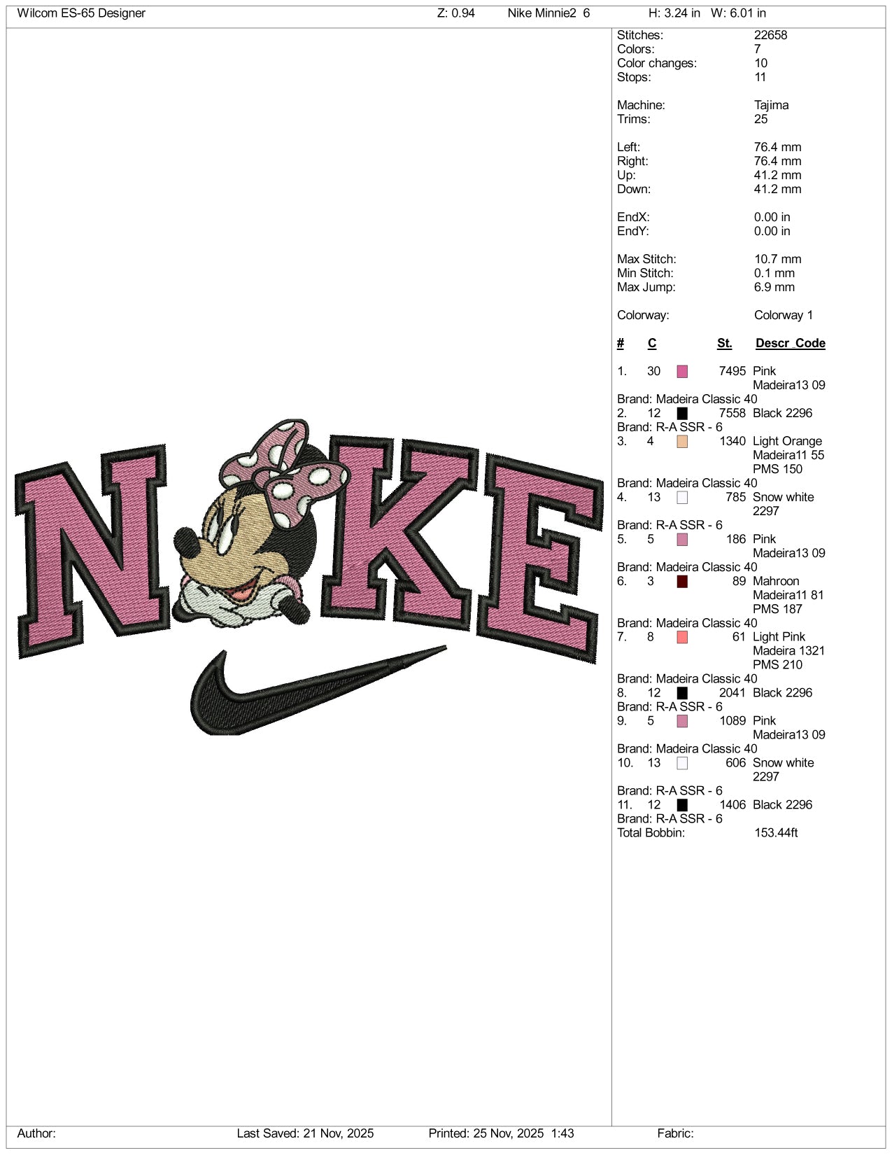 Nike Minnie Mouse v6 Embroidery Design Files - 3 Size's