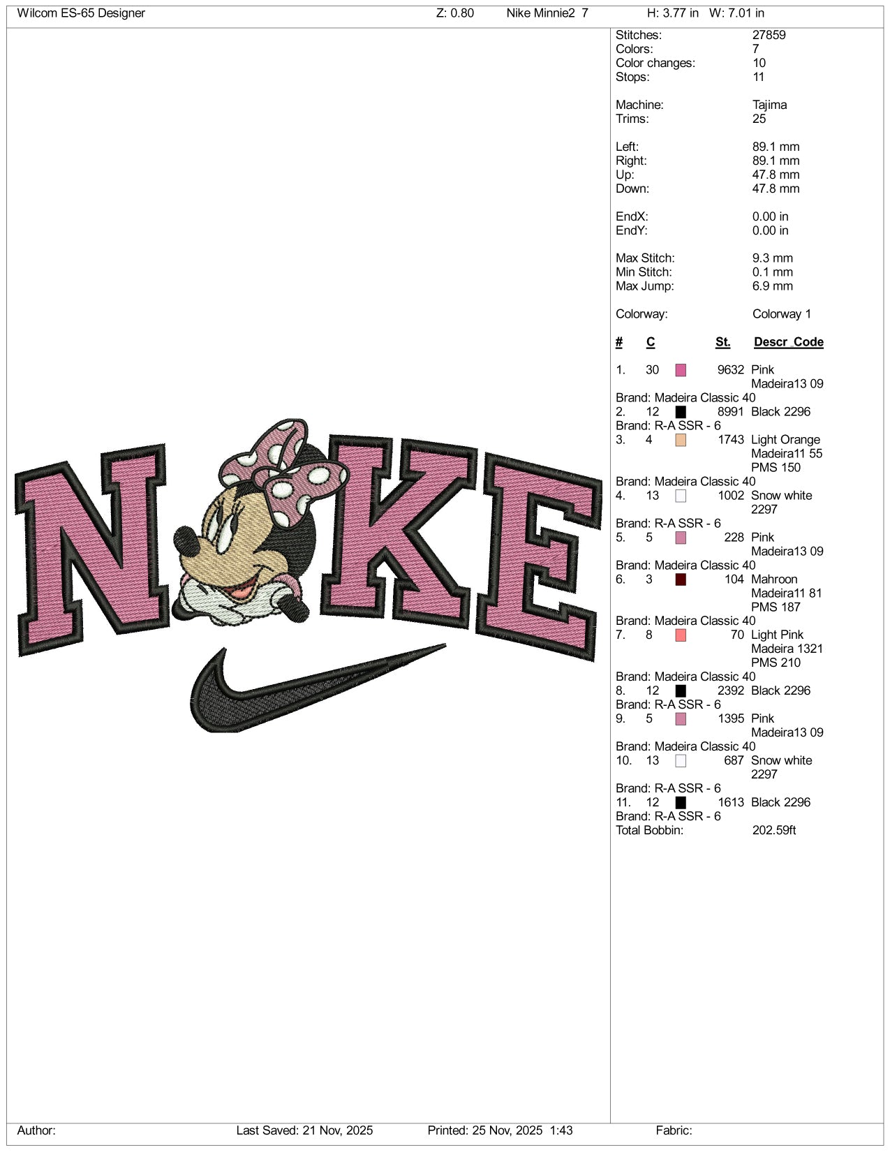 Nike Minnie Mouse v6 Embroidery Design Files - 3 Size's