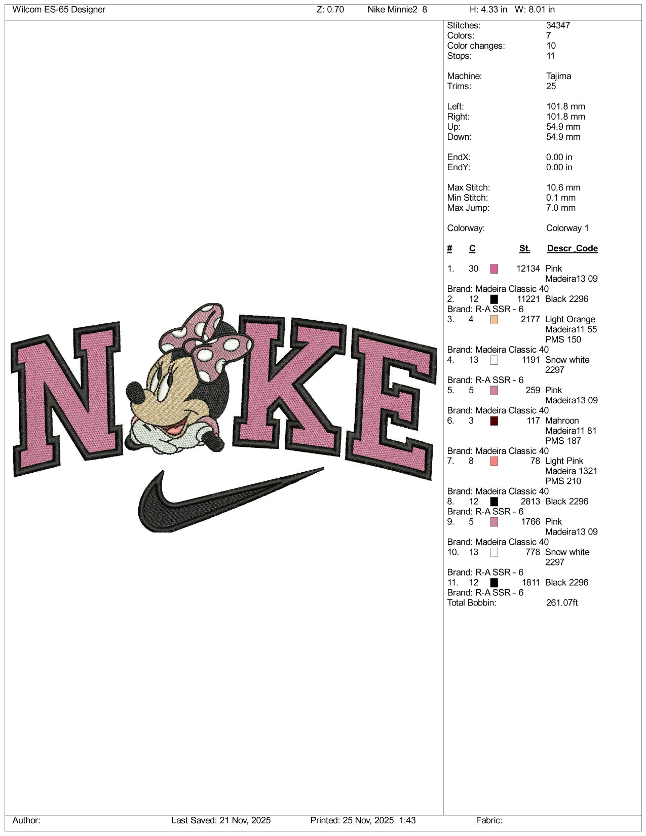 Nike Minnie Mouse v6 Embroidery Design Files - 3 Size's