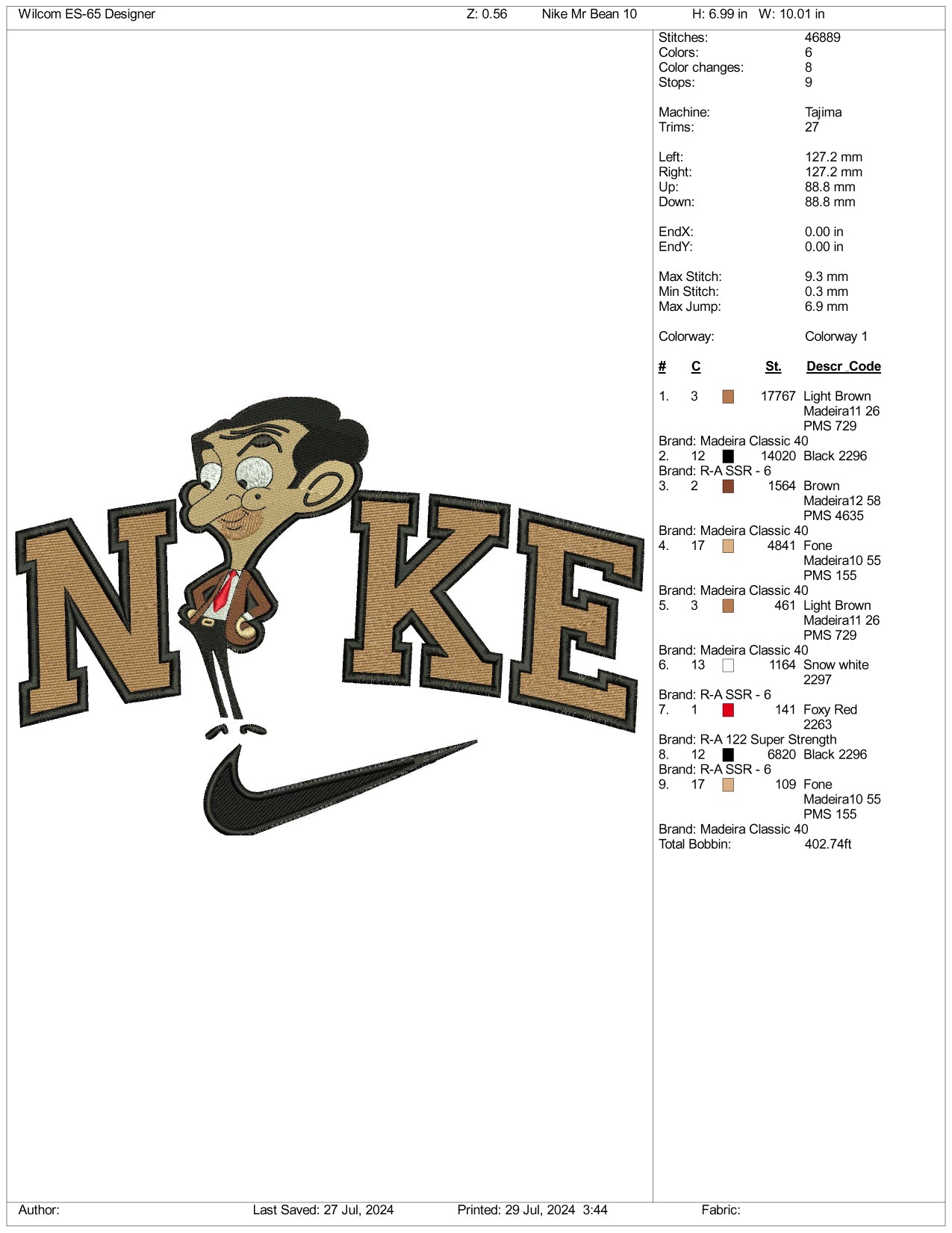 Nike Junior Mr Bean Embroidery Design Files - 3 Size's