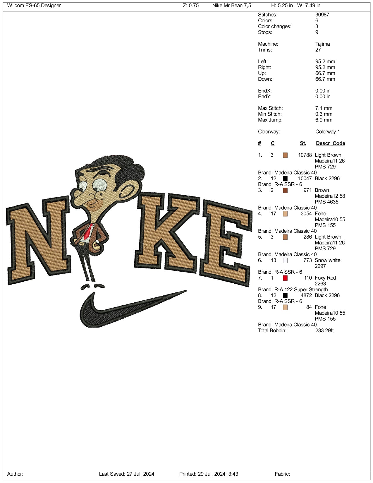 Nike Junior Mr Bean Embroidery Design Files - 3 Size's