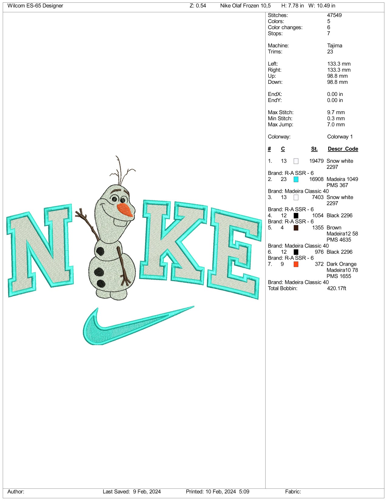 Nike Olaf  Embroidery Design Files - 3 Size's