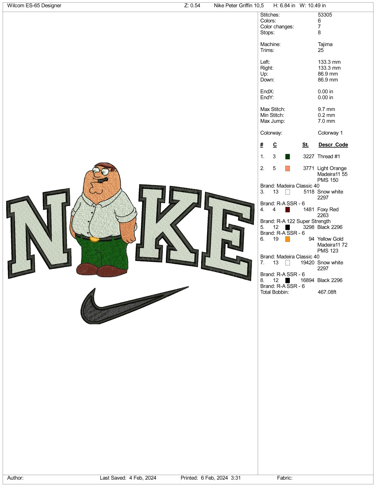 NIke Peter Griffin Embroidery Design Files - 3 Size's