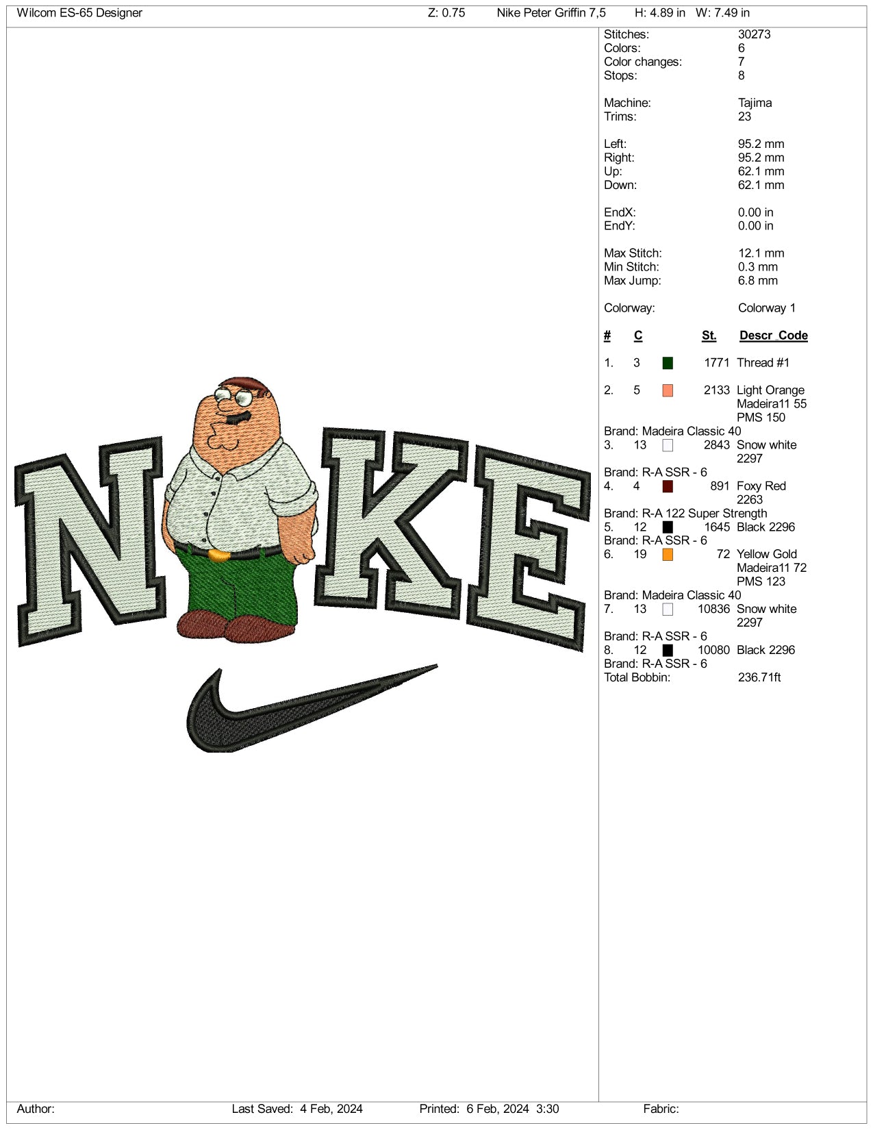 NIke Peter Griffin Embroidery Design Files - 3 Size's