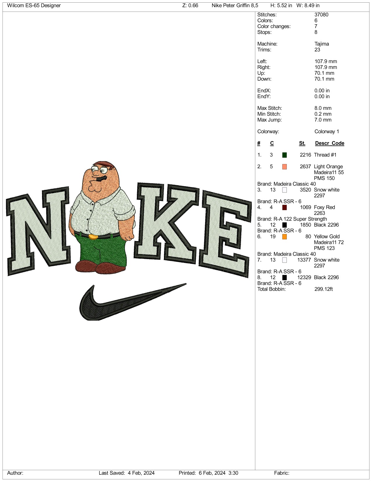 NIke Peter Griffin Embroidery Design Files - 3 Size's